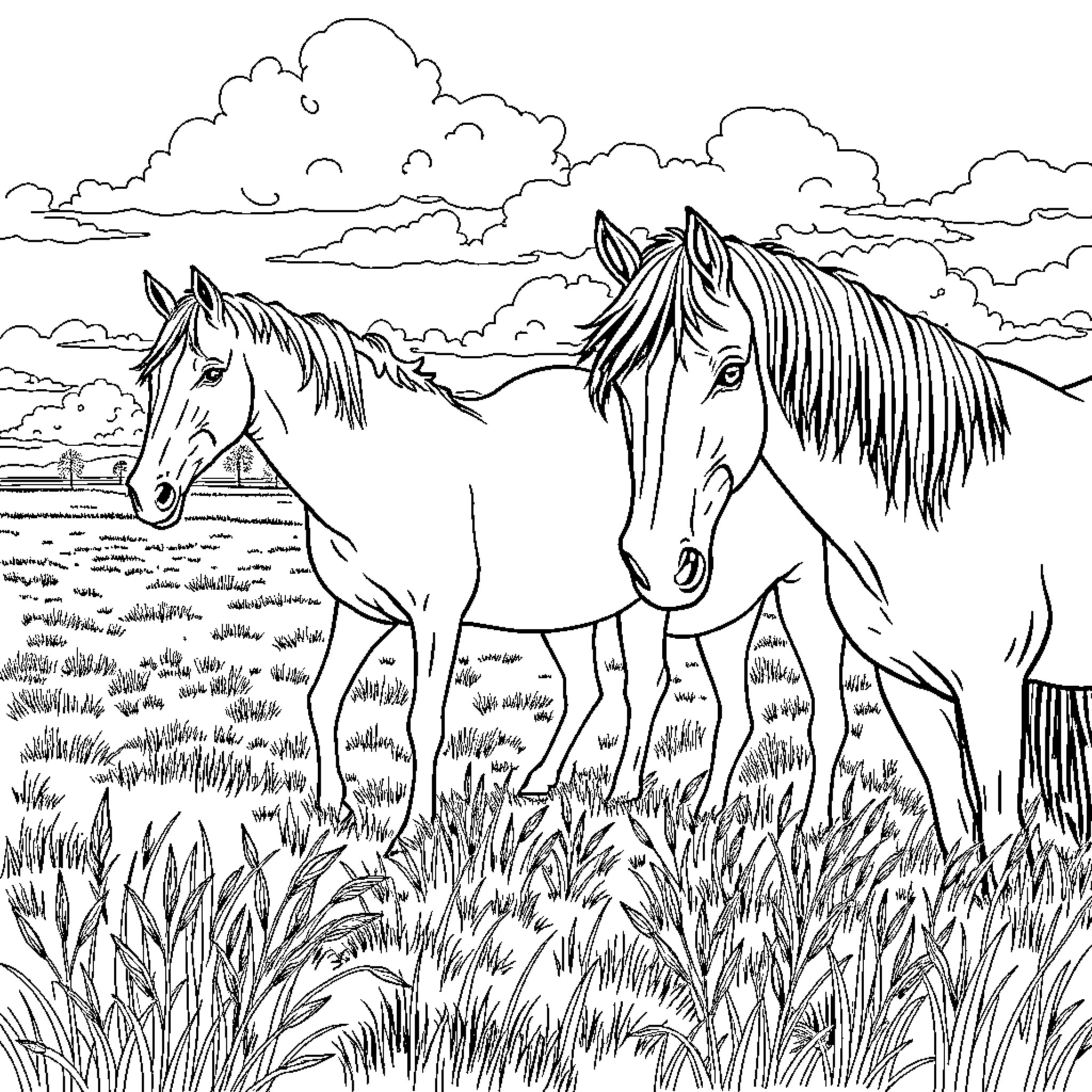 Horse pair standing in a grassy field with cloudy sky Coloring Page (free black-and-white line drawing printable PDF for all, from beginners to advanced learners, including children, teens, adults, and seniors)