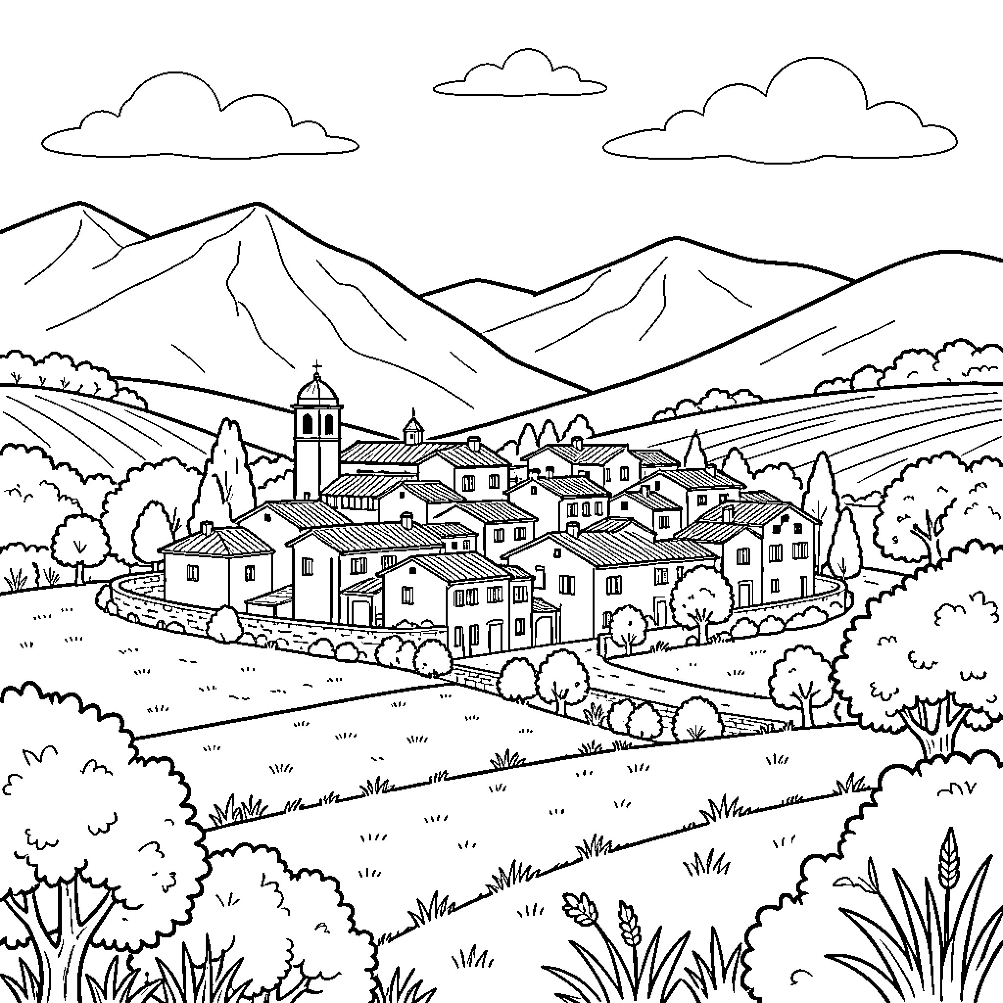 Foz-Calanda peaceful village nestled among rolling mountains Coloring Page (free black-and-white line drawing printable PDF for all, from beginners to advanced learners, including children, teens, adults, and seniors)