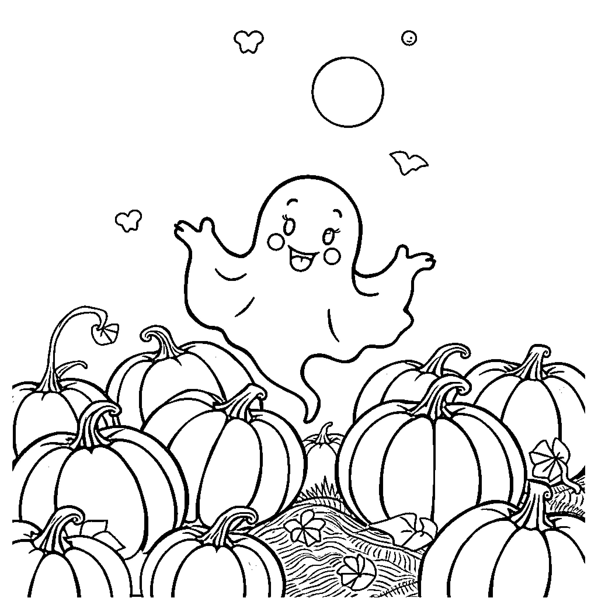 Ghost playing happily among pumpkins in the field Coloring Page (free black-and-white line drawing printable PDF for all, from beginners to advanced learners, including children, teens, adults, and seniors)
