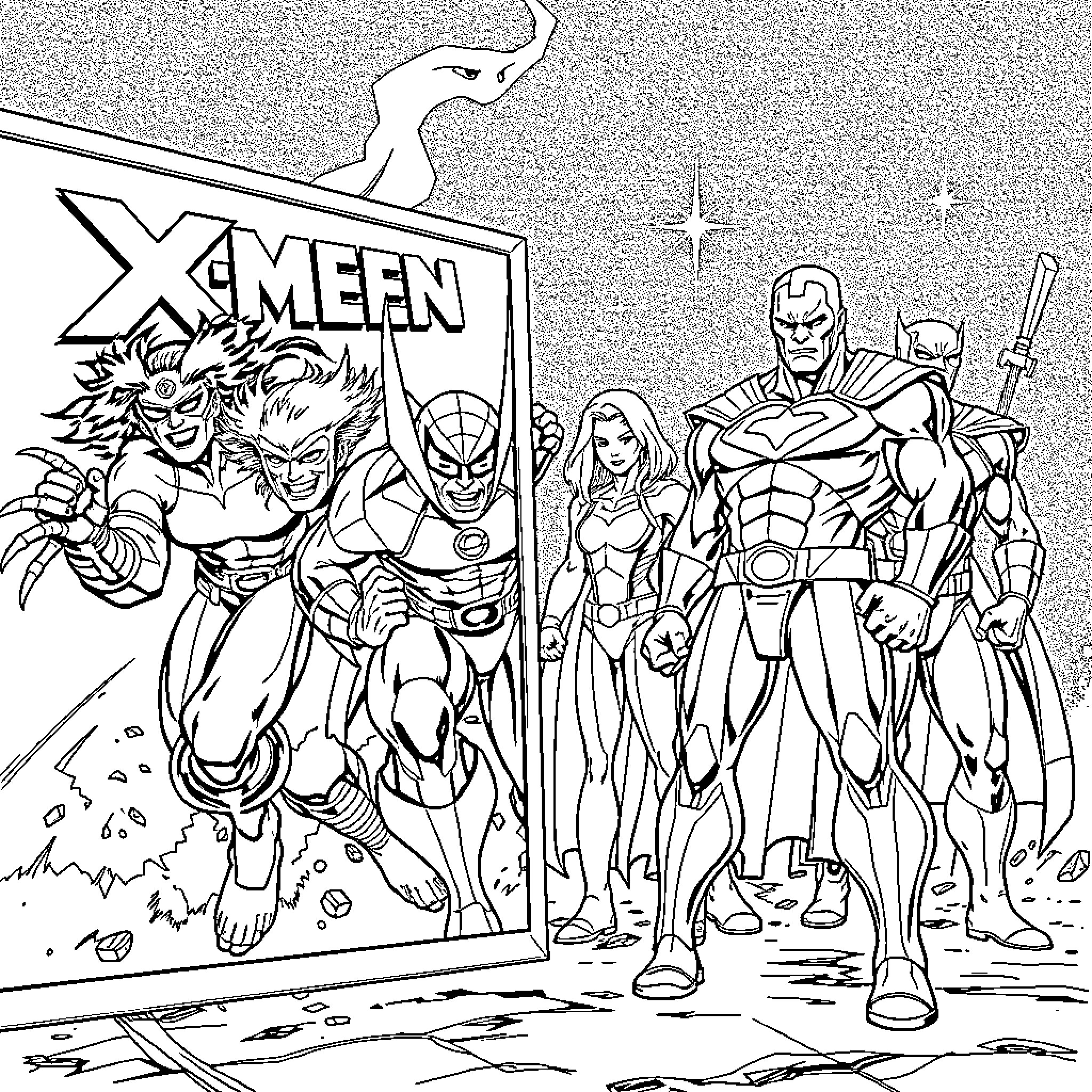 X-Men heroes in action and costume Coloring Page (free black-and-white line drawing printable PDF for all, from beginners to advanced learners, including children, teens, adults, and seniors)