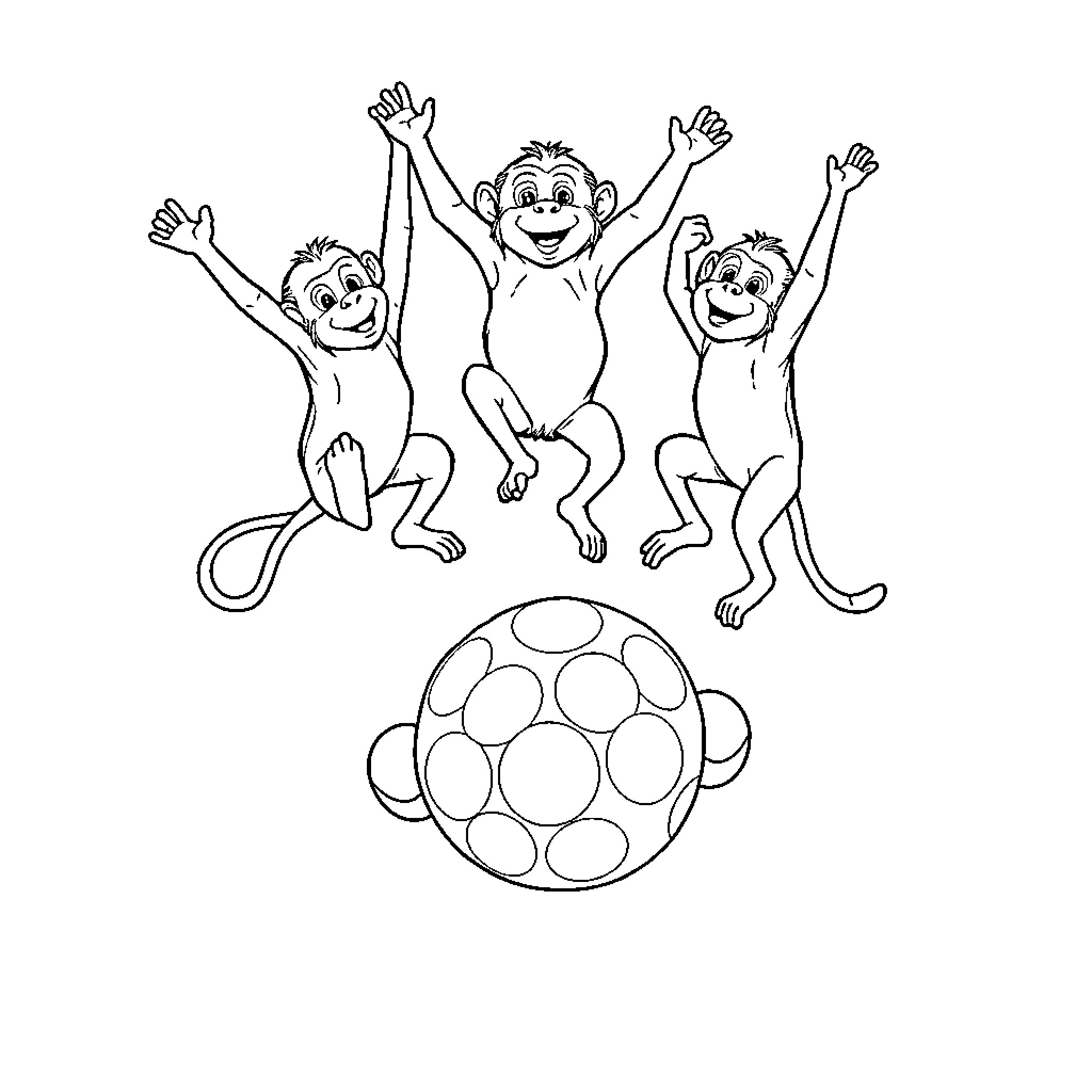 Monkeys playing joyfully with a spotted ball Coloring Page (free black-and-white line drawing printable PDF for all, from beginners to advanced learners, including children, teens, adults, and seniors)