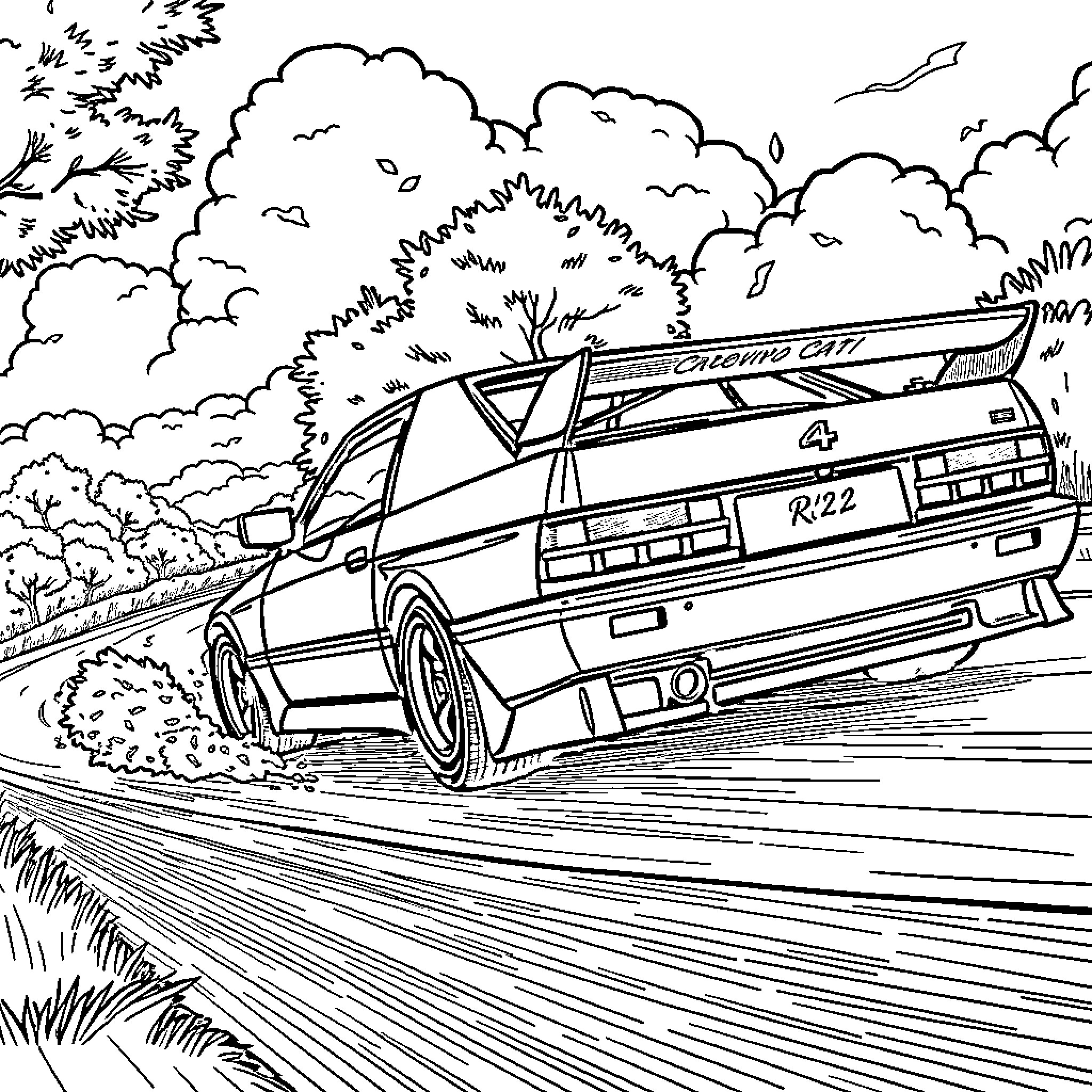 R32 speeding through scenic countryside Coloring Page (free black-and-white line drawing printable PDF for all, from beginners to advanced learners, including children, teens, adults, and seniors)