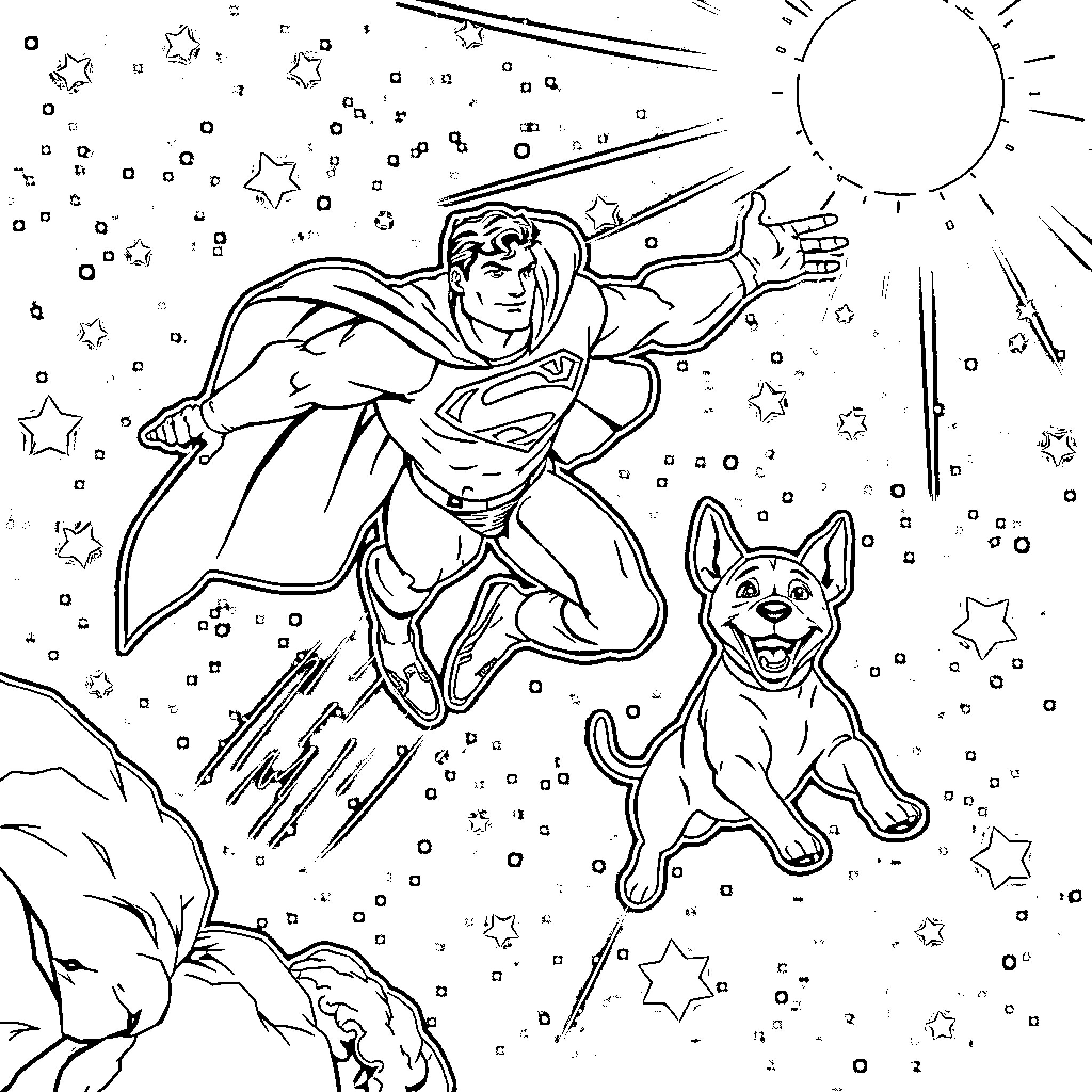 Superman soaring through the cosmos with his loyal canine companion Coloring Page (free black-and-white line drawing printable PDF for all, from beginners to advanced learners, including children, teens, adults, and seniors)