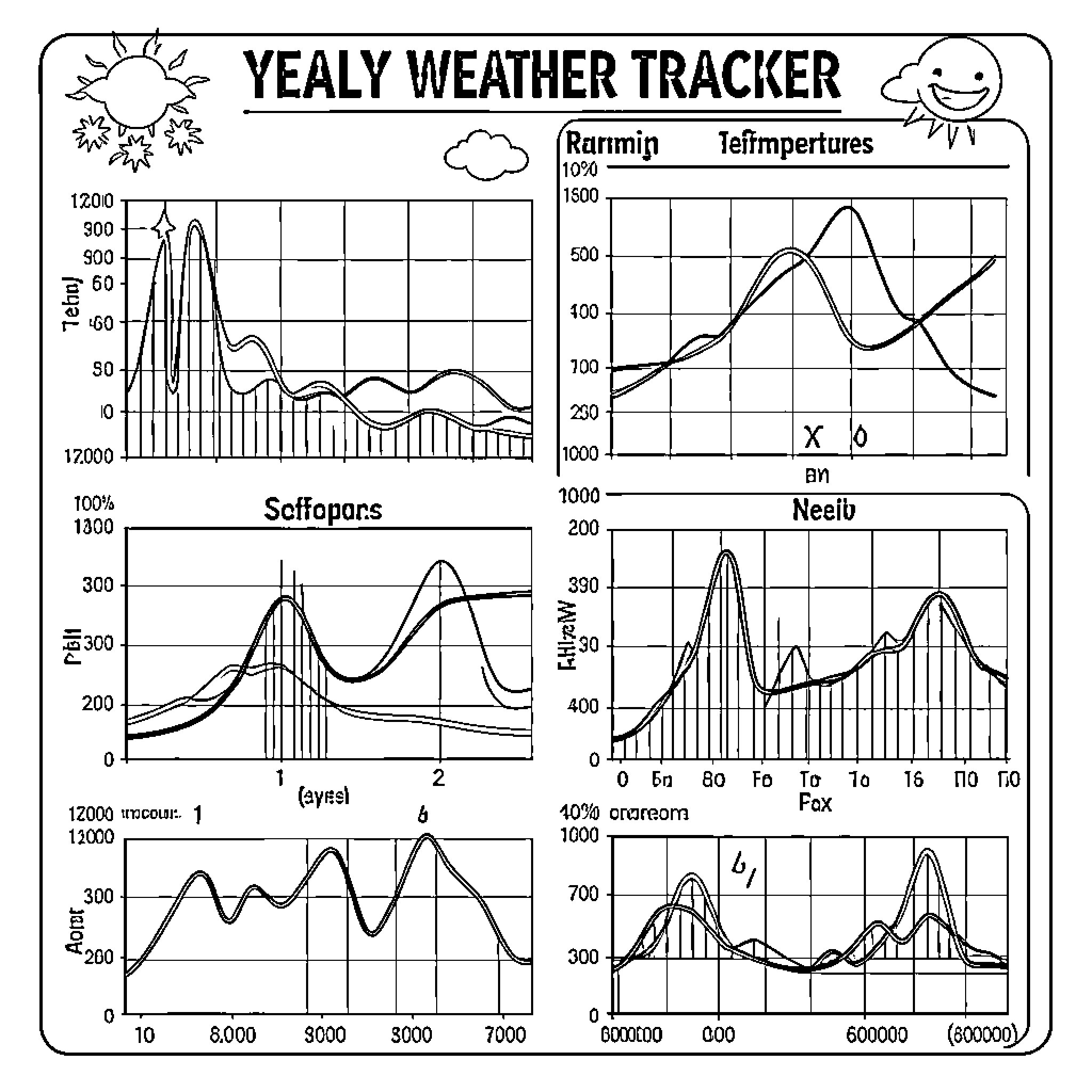 Weather tracking data displayed on various line graphs Coloring Page (free black-and-white line drawing printable PDF for all, from beginners to advanced learners, including children, teens, adults, and seniors)
