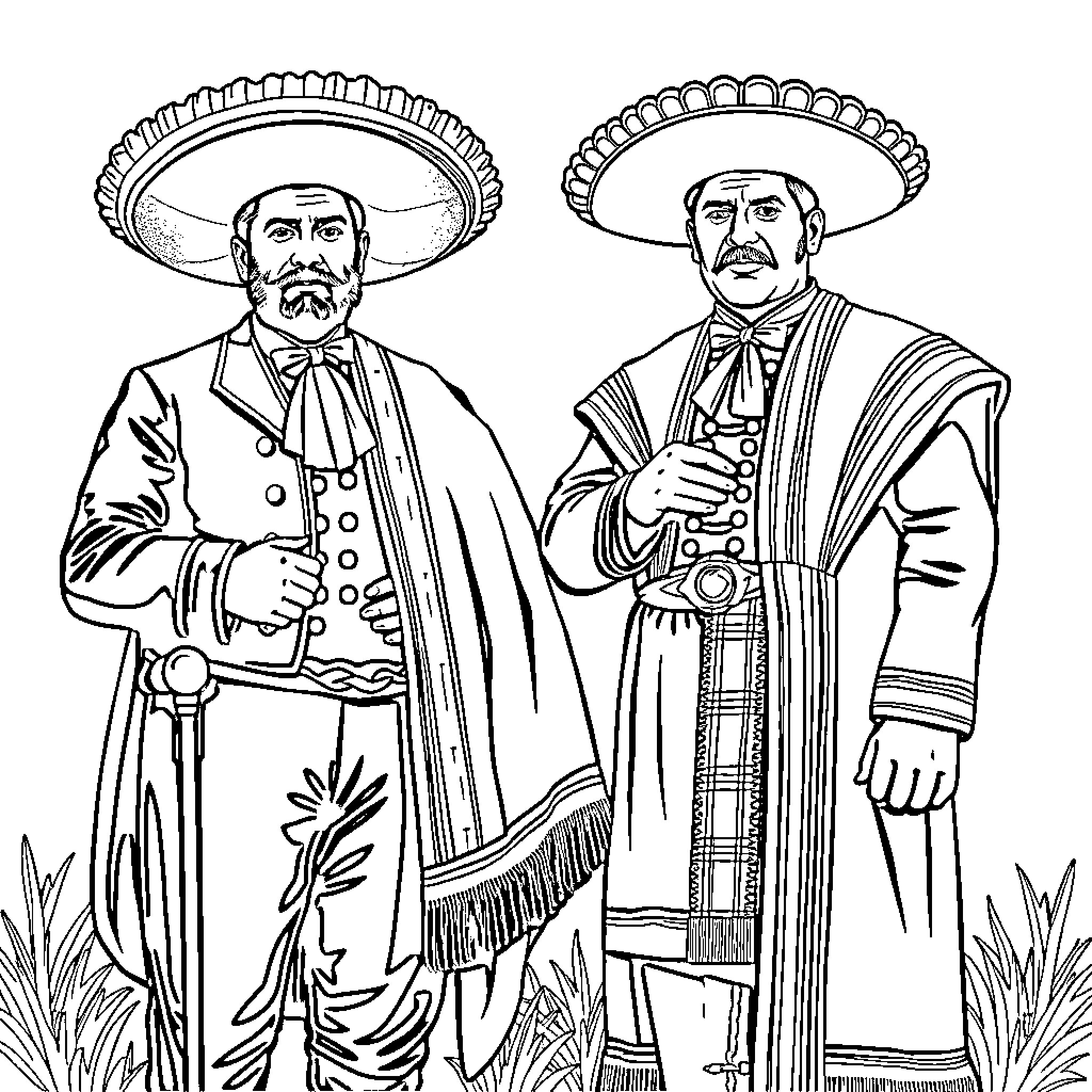 Antonio Aguilar - Two Mexican Men in Traditional Attire Coloring Page (free black-and-white line drawing printable PDF for all, from beginners to advanced learners, including children, teens, adults, and seniors)