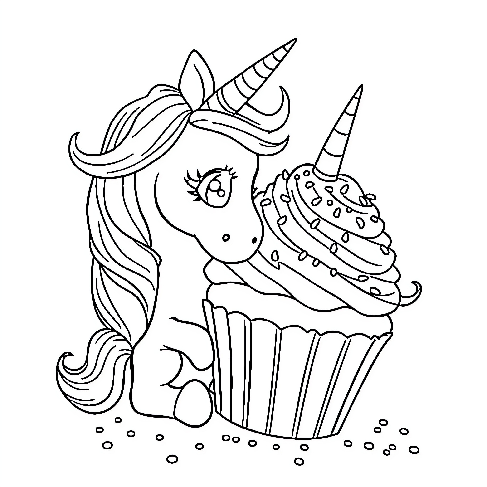 Unicorn with Cupcake Enjoying Sweet Treat Coloring Page (free black-and-white line drawing printable PDF for all, from beginners to advanced learners, including children, teens, adults, and seniors)