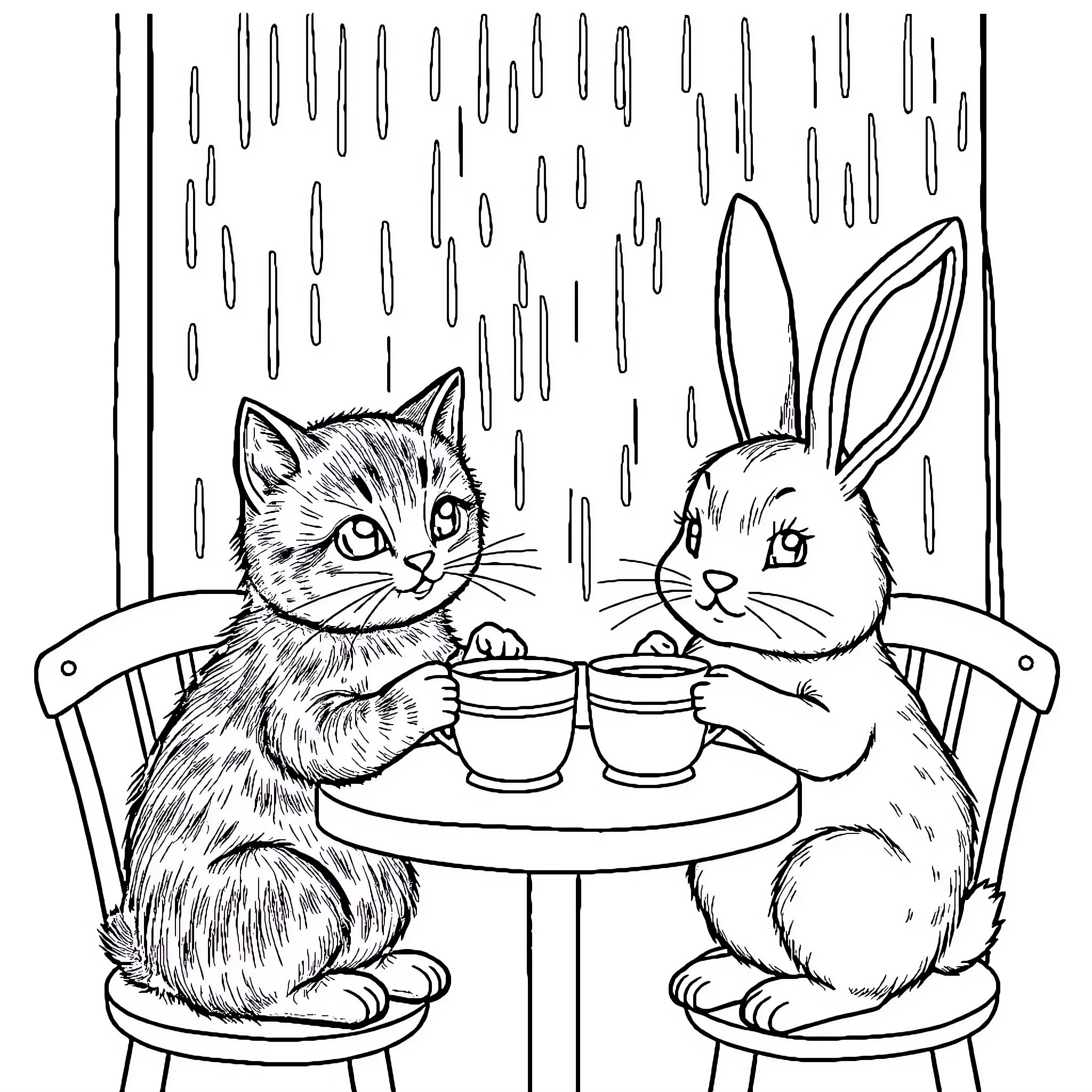 Cat and Rabbit Enjoying Tea in the Rain Coloring Page (free black-and-white line drawing printable PDF for all, from beginners to advanced learners, including children, teens, adults, and seniors)