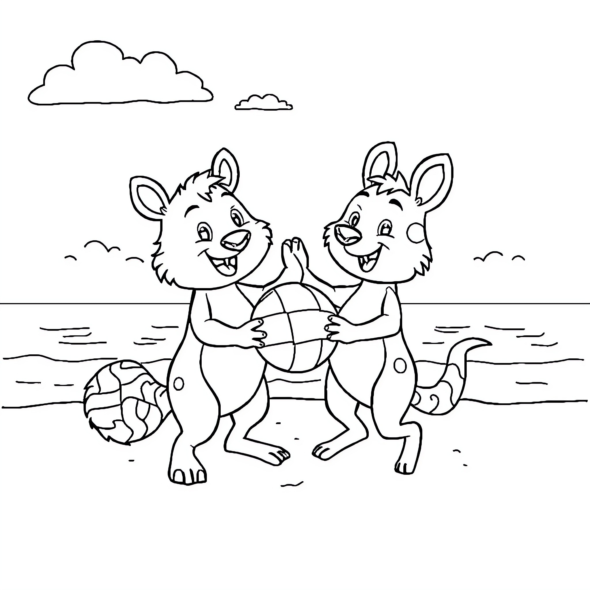Animal friends playing with ball on the beach Coloring Page (free black-and-white line drawing printable PDF for all, from beginners to advanced learners, including children, teens, adults, and seniors)