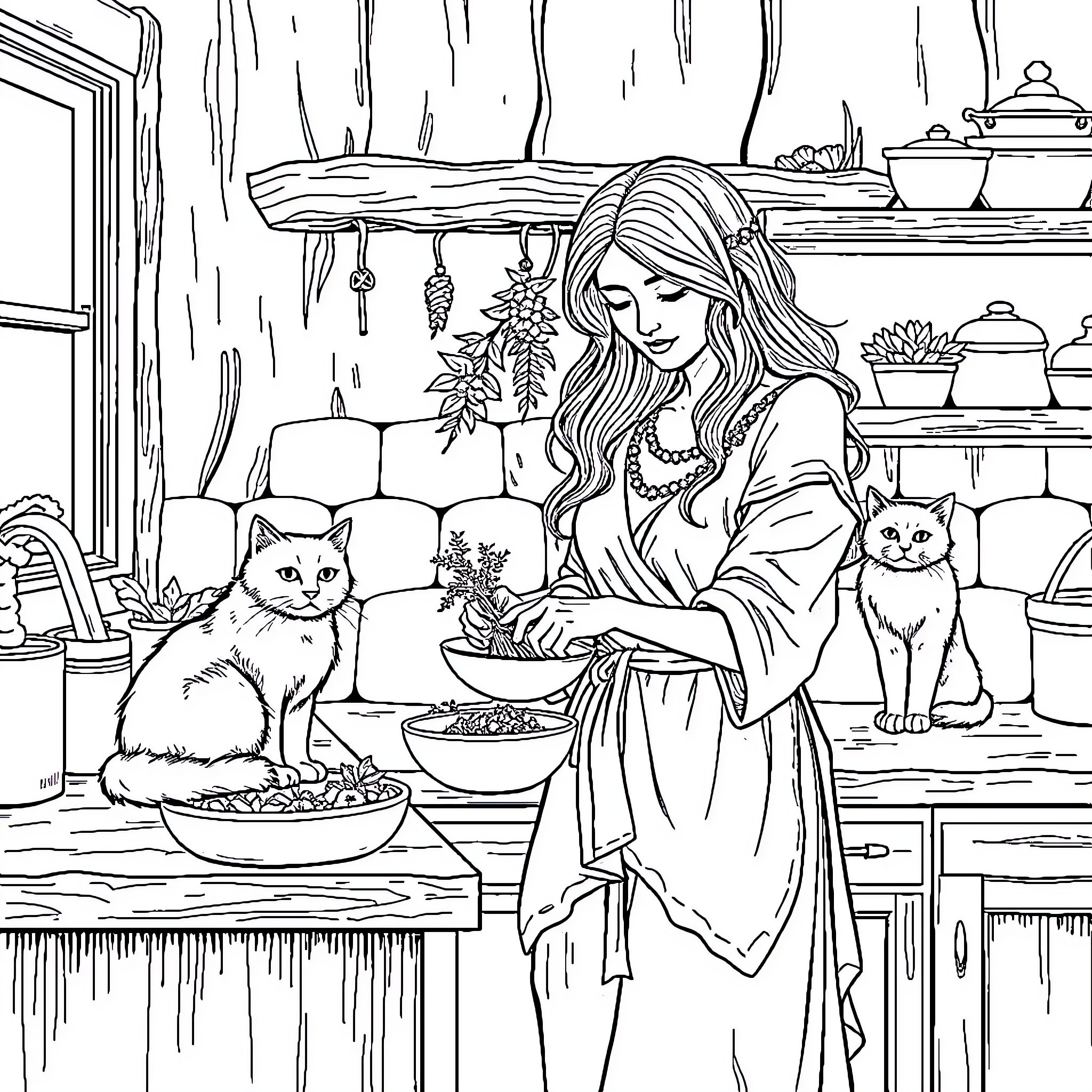 Woman preparing a meal with cats in the kitchen Coloring Page (free black-and-white line drawing printable PDF for all, from beginners to advanced learners, including children, teens, adults, and seniors)