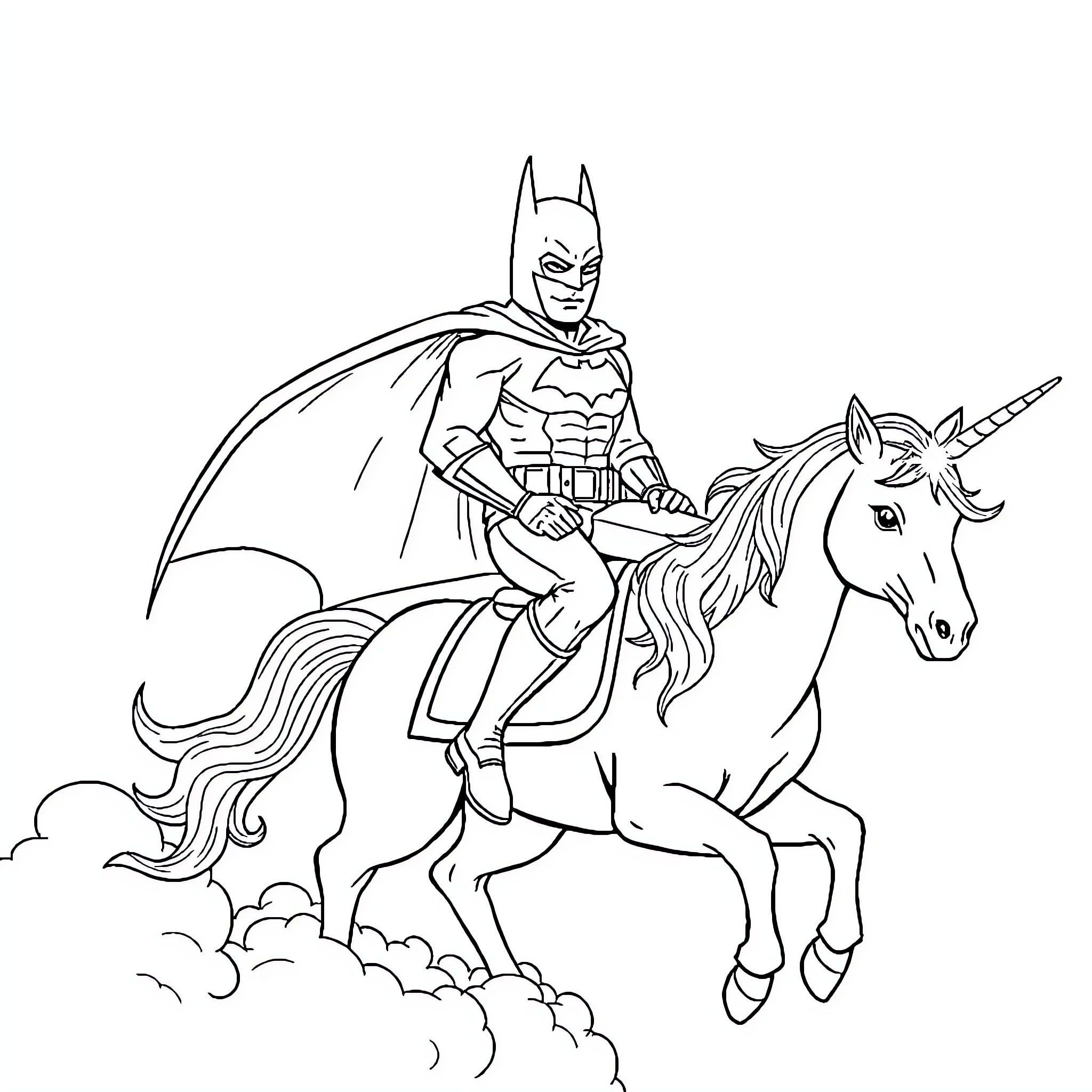 Batman Riding a Unicorn in Action Coloring Page (free black-and-white line drawing printable PDF for all, from beginners to advanced learners, including children, teens, adults, and seniors)
