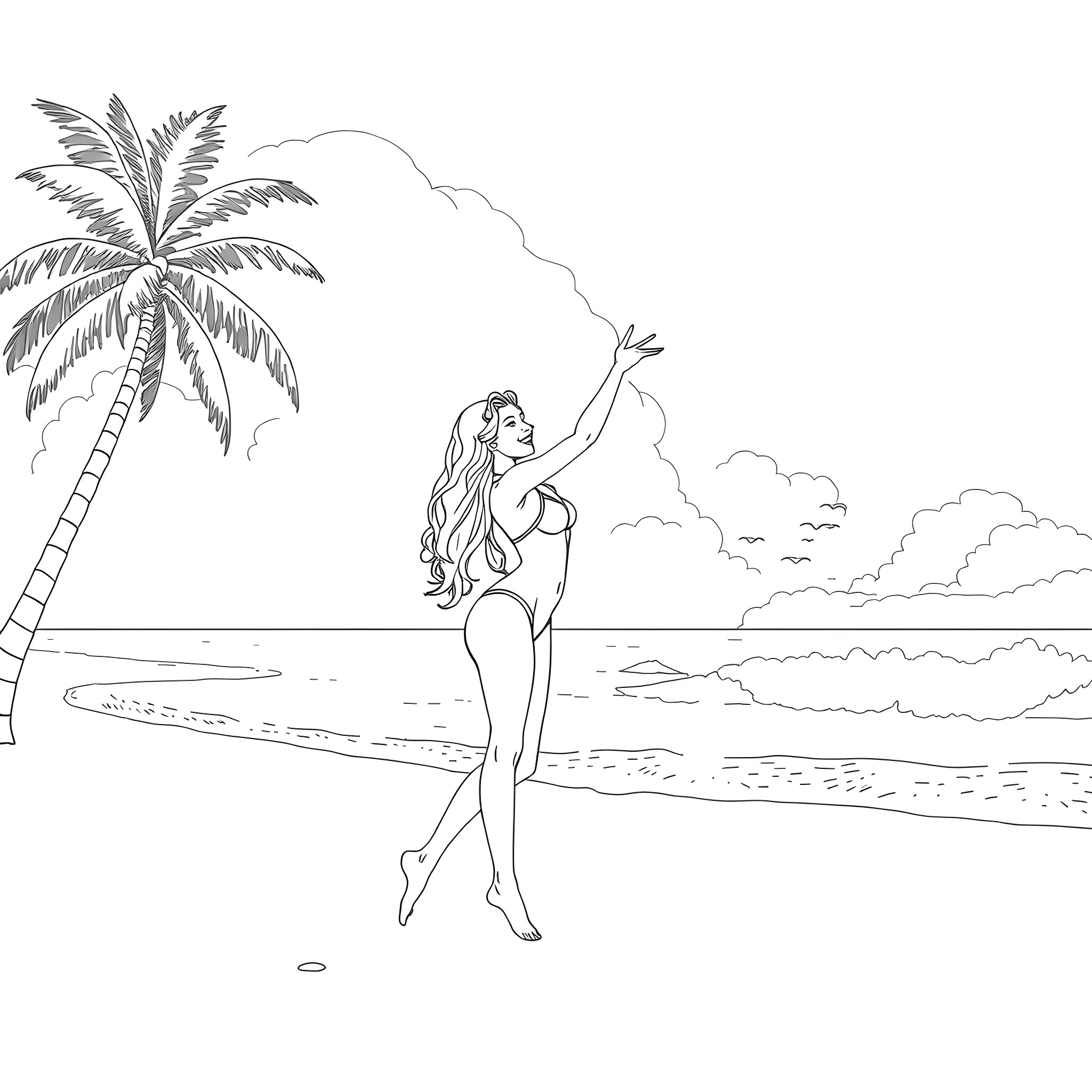 Nani Pelekai enjoying the beach scenery Coloring Page (free black-and-white line drawing printable PDF for all, from beginners to advanced learners, including children, teens, adults, and seniors)