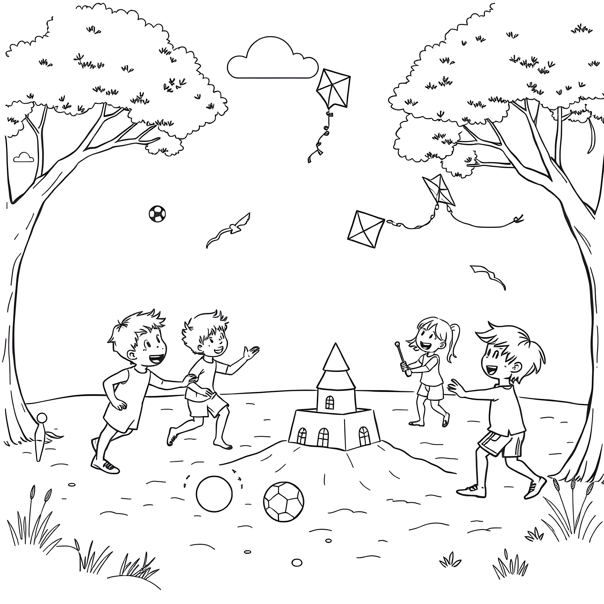 Kids playing joyfully outdoors with toys and nature Coloring Page (free black-and-white line drawing printable PDF for all, from beginners to advanced learners, including children, teens, adults, and seniors)