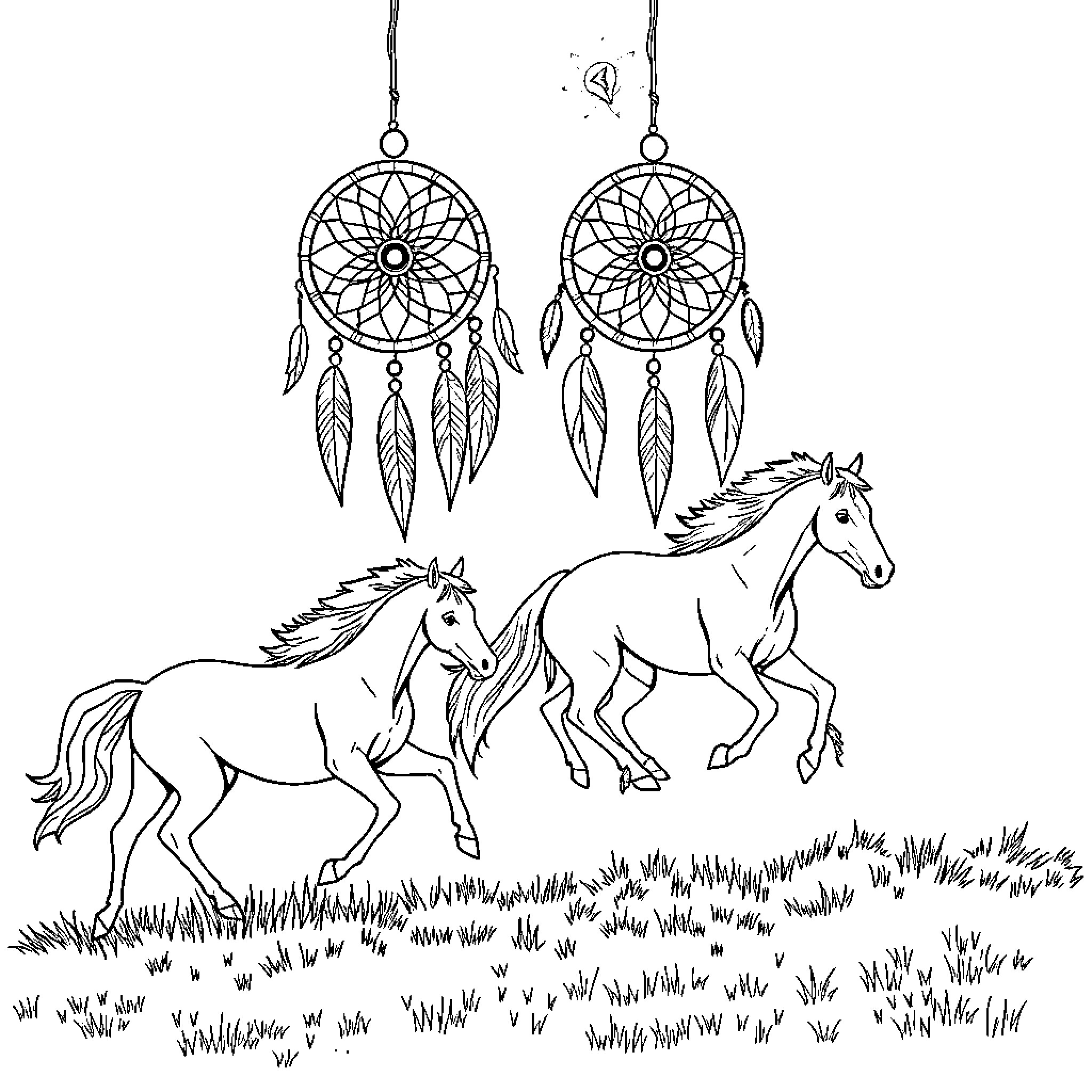 Dream Catcher Horses Running Free in the Field Coloring Page (free black-and-white line drawing printable PDF for all, from beginners to advanced learners, including children, teens, adults, and seniors)