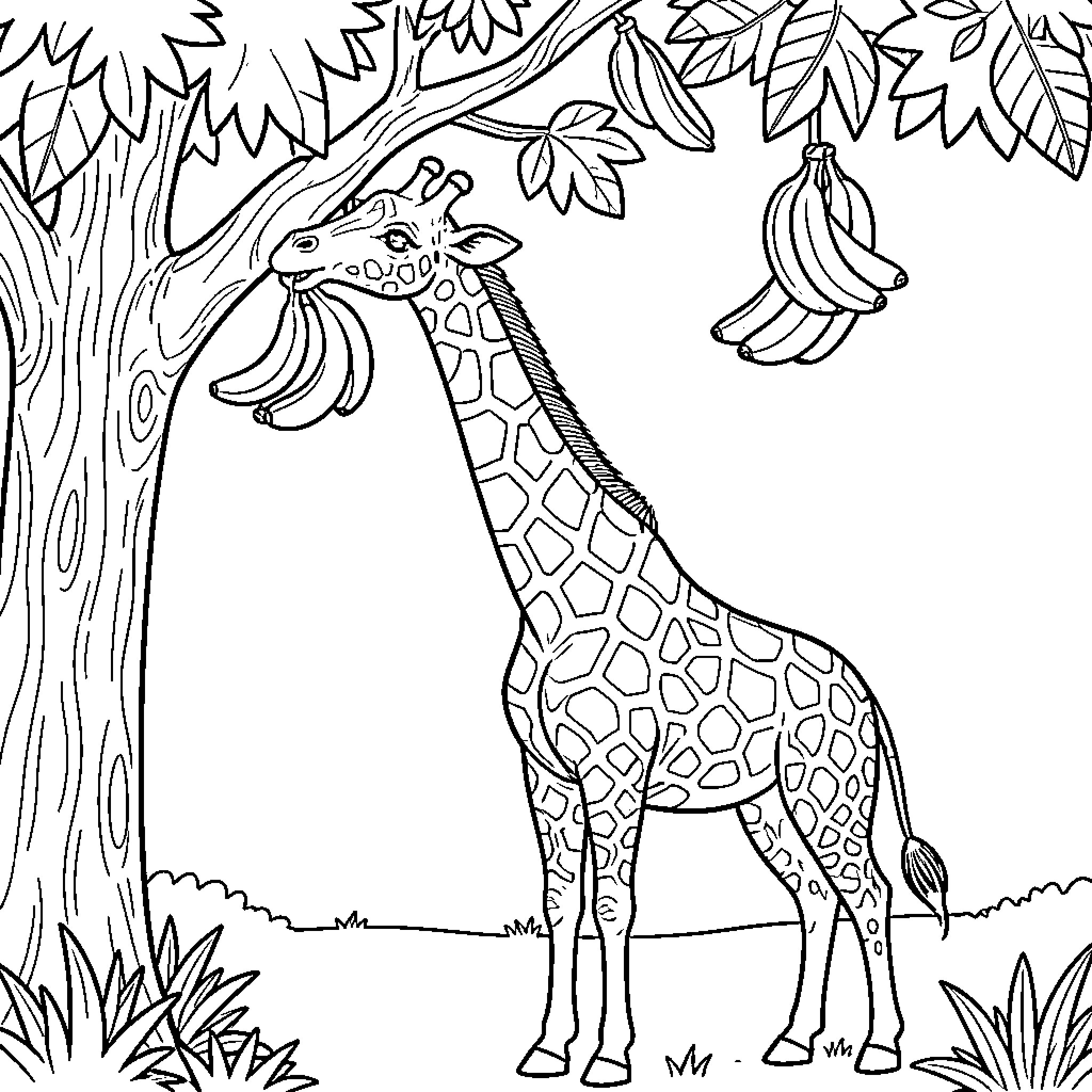 Giraffe eating bananas from a large tree Coloring Page (free black-and-white line drawing printable PDF for all, from beginners to advanced learners, including children, teens, adults, and seniors)