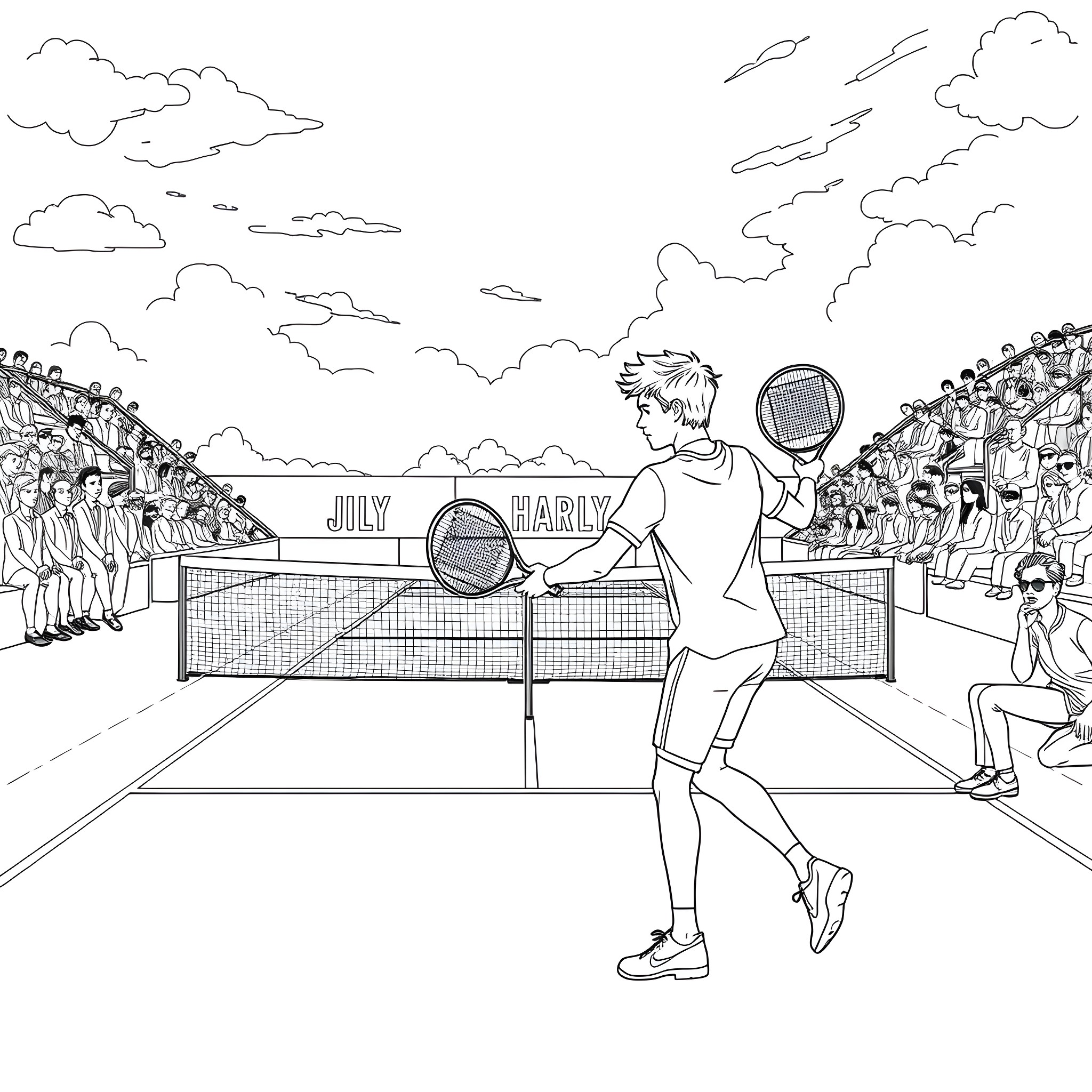 Harry Styles playing tennis at the court Coloring Page (free black-and-white line drawing printable PDF for all, from beginners to advanced learners, including children, teens, adults, and seniors)