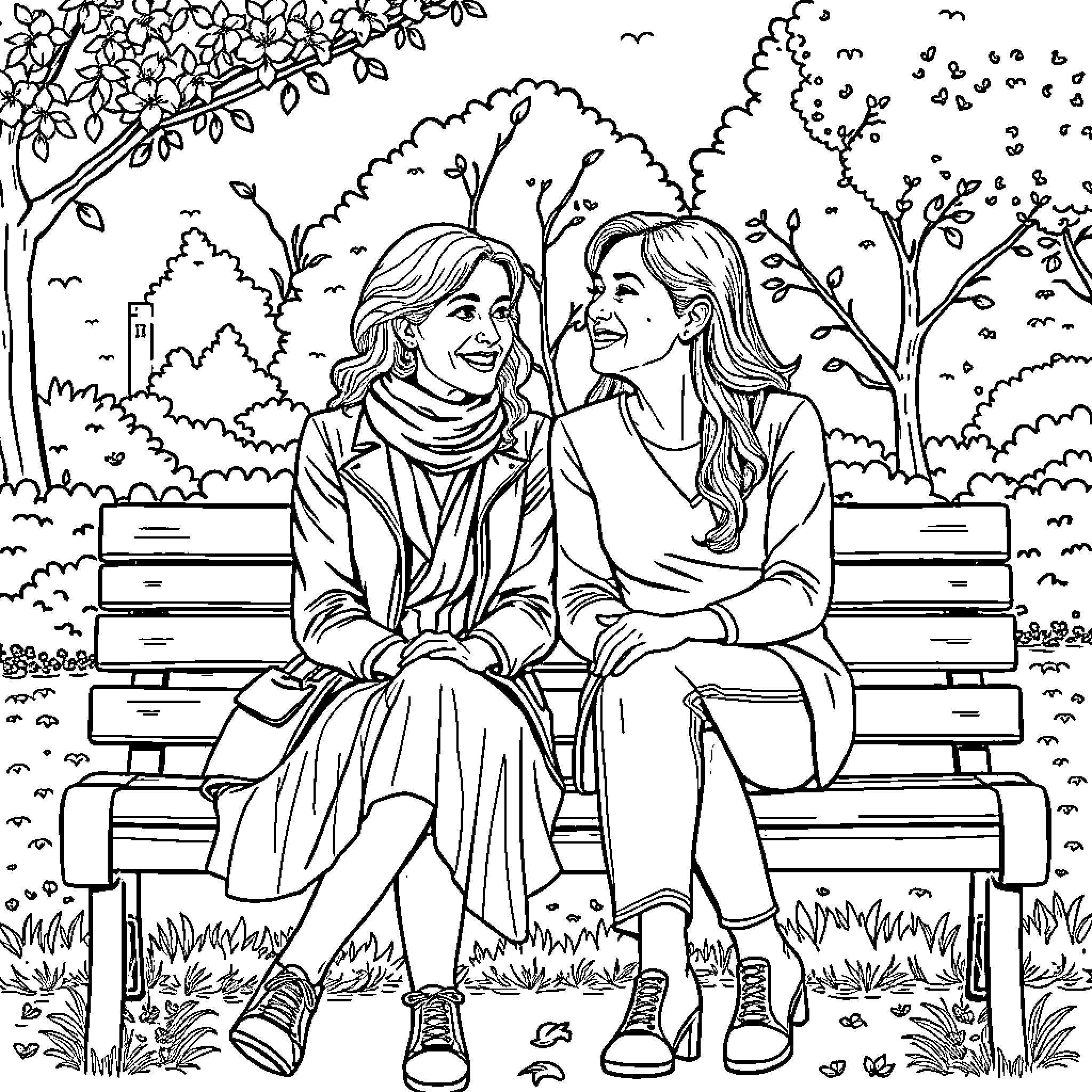 Diana and Roma enjoying a day outdoors Coloring Page (free black-and-white line drawing printable PDF for all, from beginners to advanced learners, including children, teens, adults, and seniors)