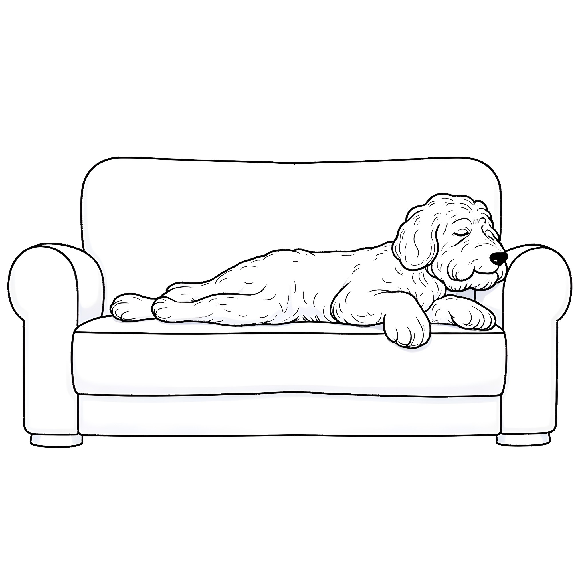Bouvier des Flandres sleeping peacefully on the couch Coloring Page (free black-and-white line drawing printable PDF for all, from beginners to advanced learners, including children, teens, adults, and seniors)