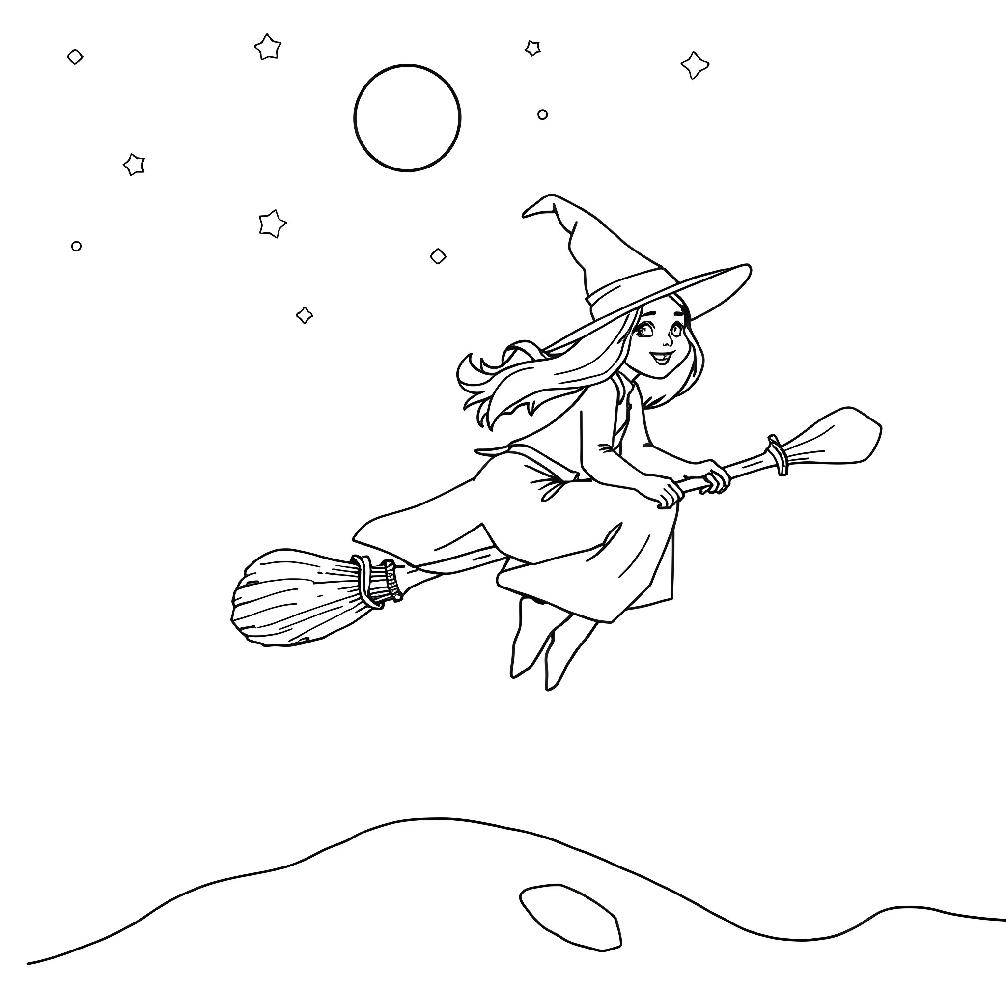Witch flying on a broomstick through the night sky Coloring Page (free black-and-white line drawing printable PDF for all, from beginners to advanced learners, including children, teens, adults, and seniors)