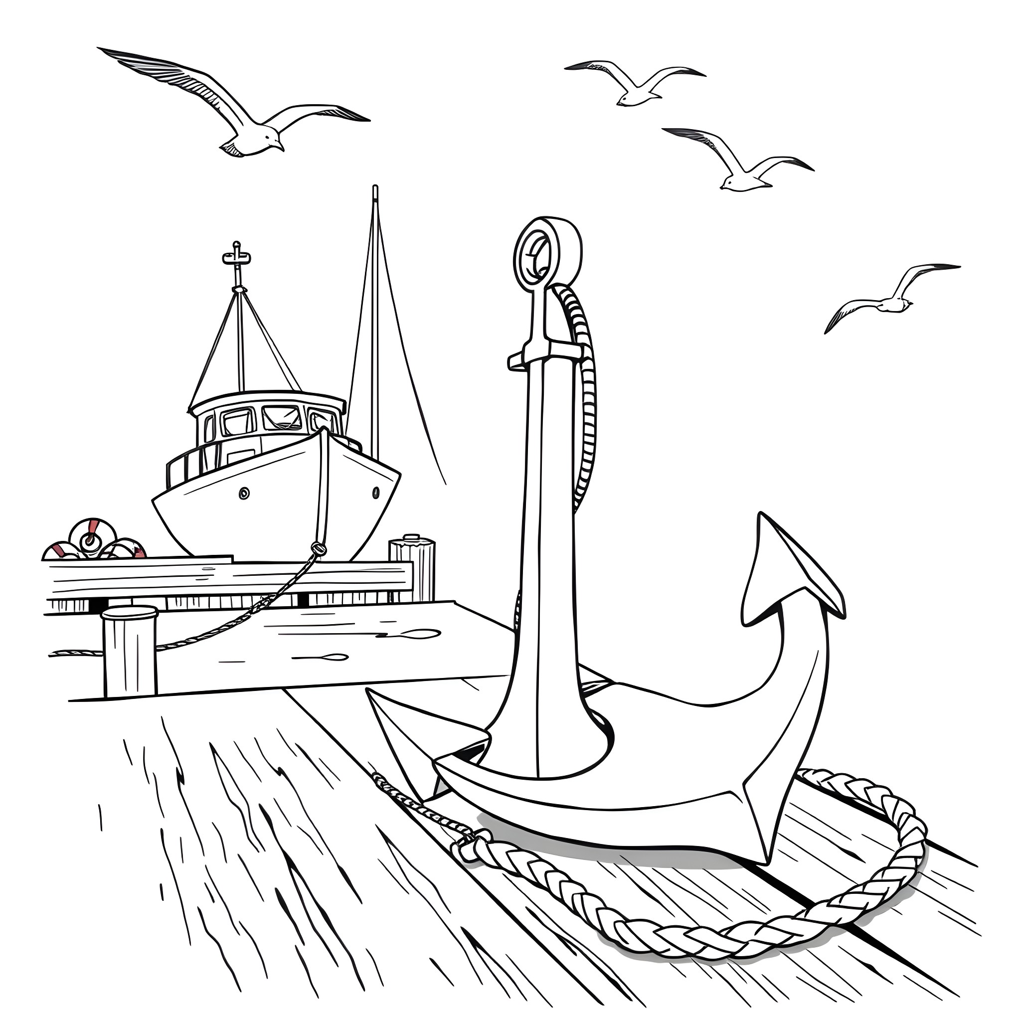Anchor the Vessel and Seagulls Coloring Page (free black-and-white line drawing printable PDF for all, from beginners to advanced learners, including children, teens, adults, and seniors)