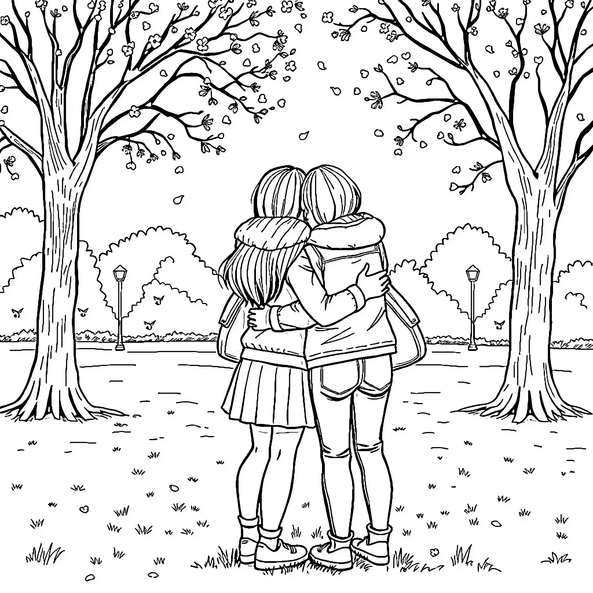 Friends enjoying a special moment in the park Coloring Page (free black-and-white line drawing printable PDF for all, from beginners to advanced learners, including children, teens, adults, and seniors)