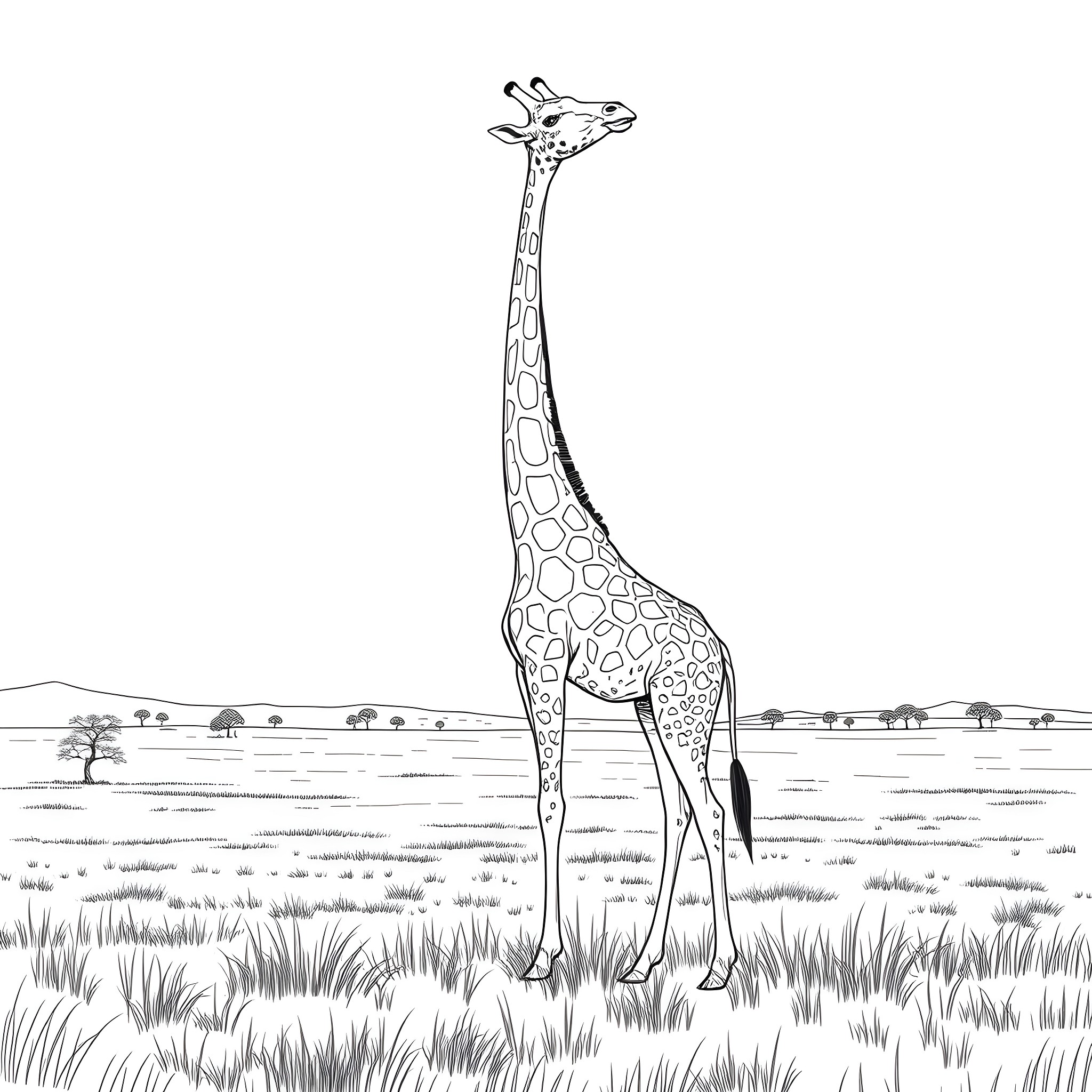 Giraffe standing tall in the African savanna Coloring Page (free black-and-white line drawing printable PDF for all, from beginners to advanced learners, including children, teens, adults, and seniors)