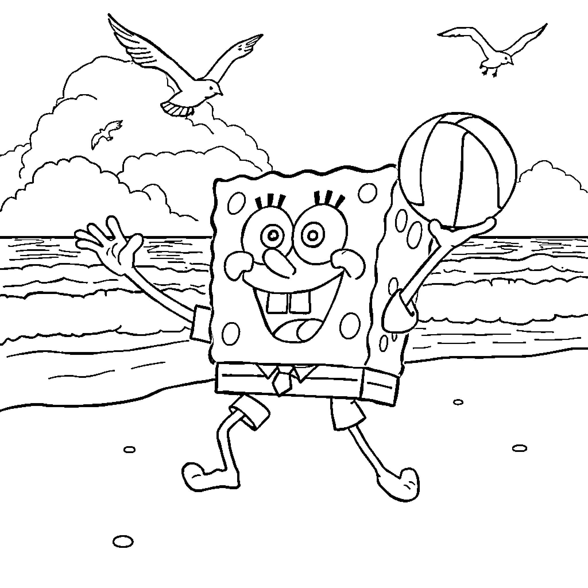 Spongebob playing happily on the beach Coloring Page (free black-and-white line drawing printable PDF for all, from beginners to advanced learners, including children, teens, adults, and seniors)