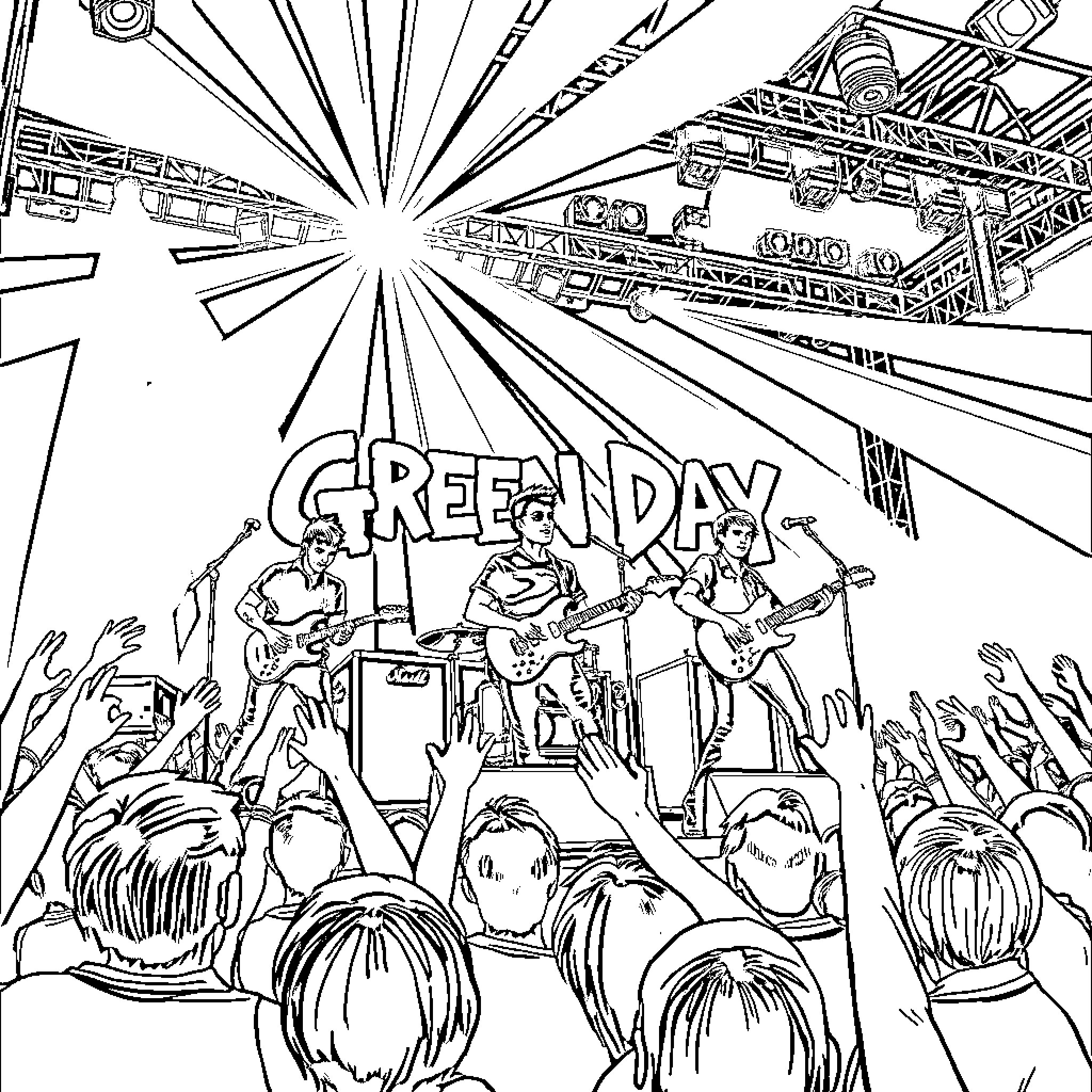 Green Day Performing on Stage for Cheering Crowd Coloring Page (free black-and-white line drawing printable PDF for all, from beginners to advanced learners, including children, teens, adults, and seniors)