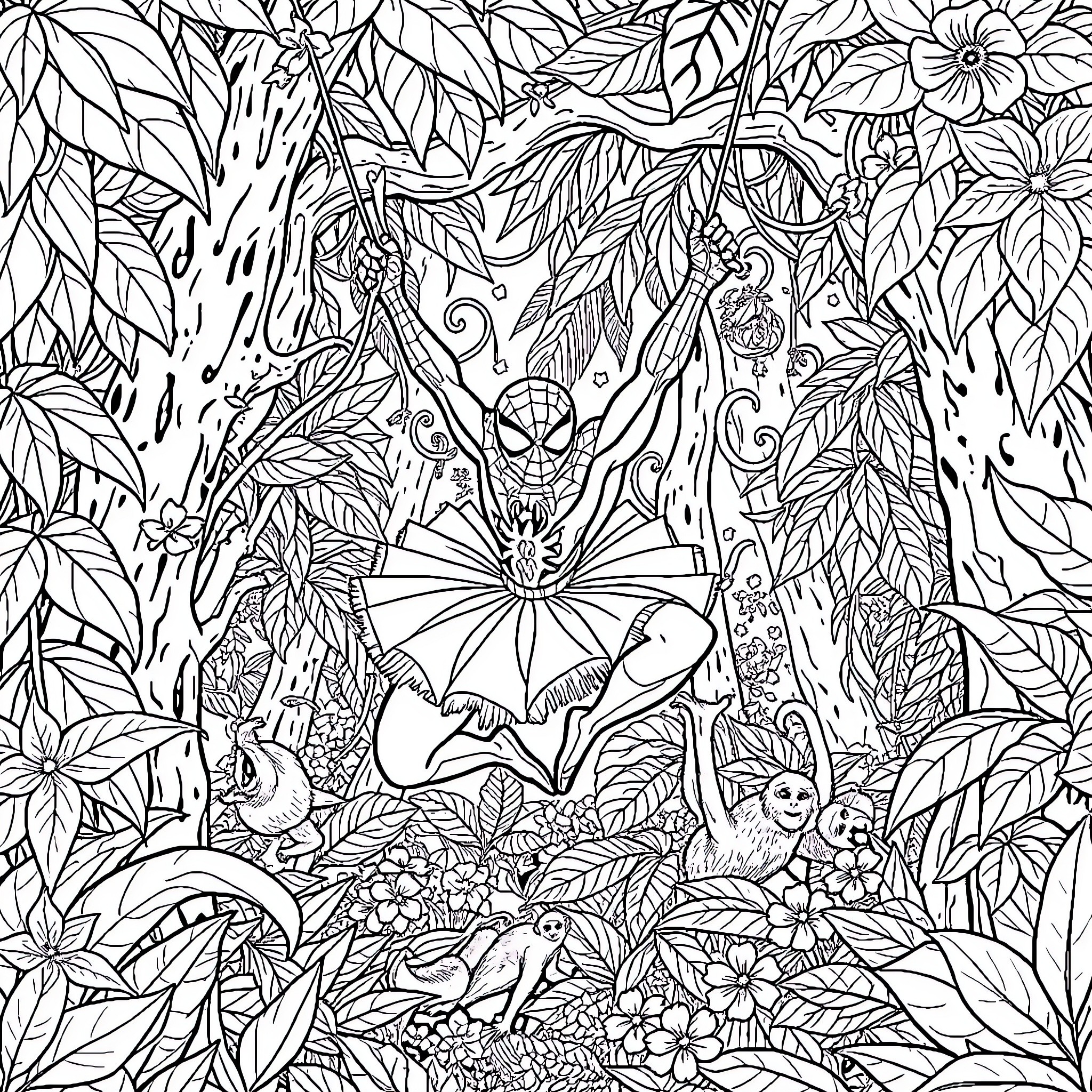 Spiderman's Enchanted Jungle Adventure Coloring Page (free black-and-white line drawing printable PDF for all, from beginners to advanced learners, including children, teens, adults, and seniors)