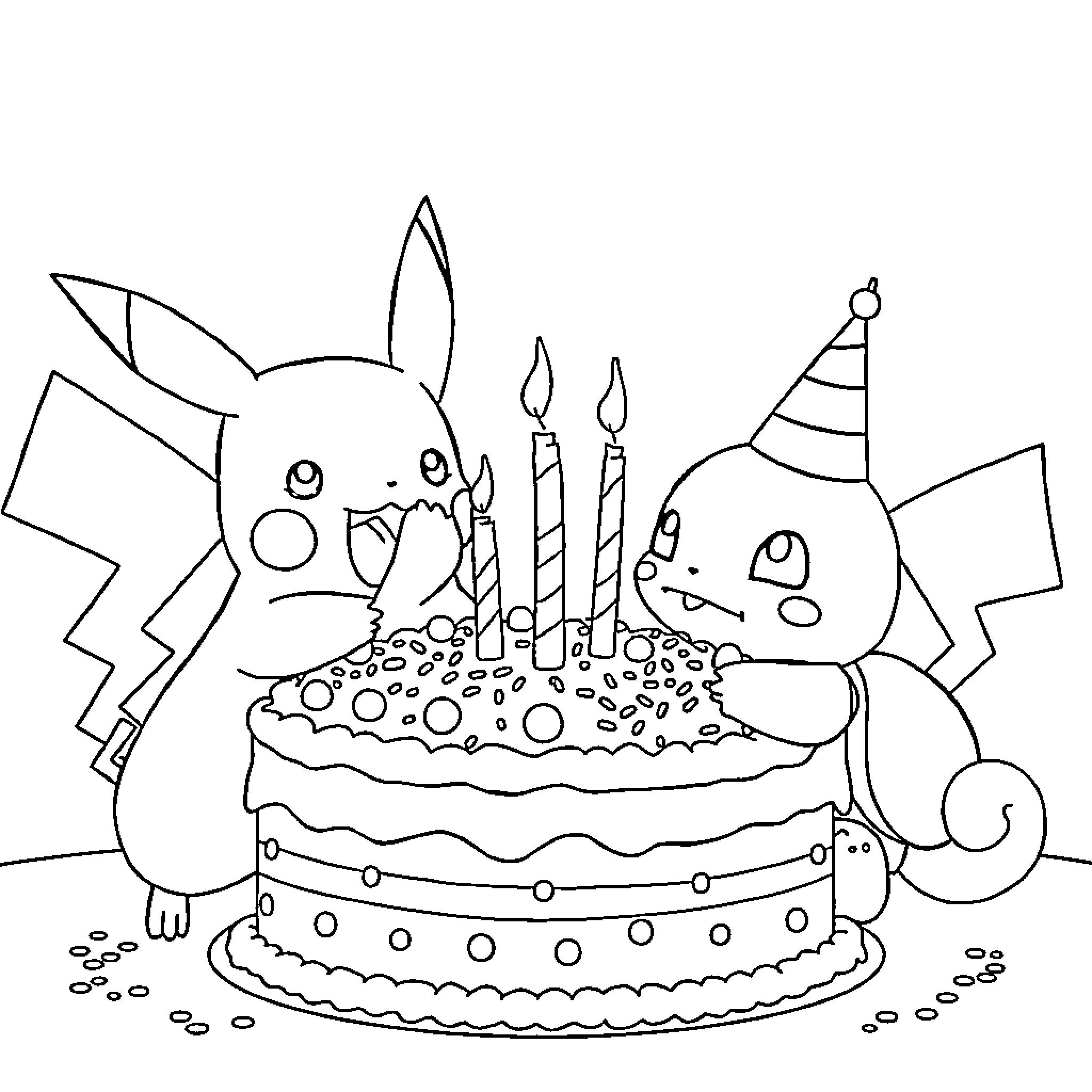 Pikachu and Togepi celebrate birthday with cake Coloring Page (free black-and-white line drawing printable PDF for all, from beginners to advanced learners, including children, teens, adults, and seniors)