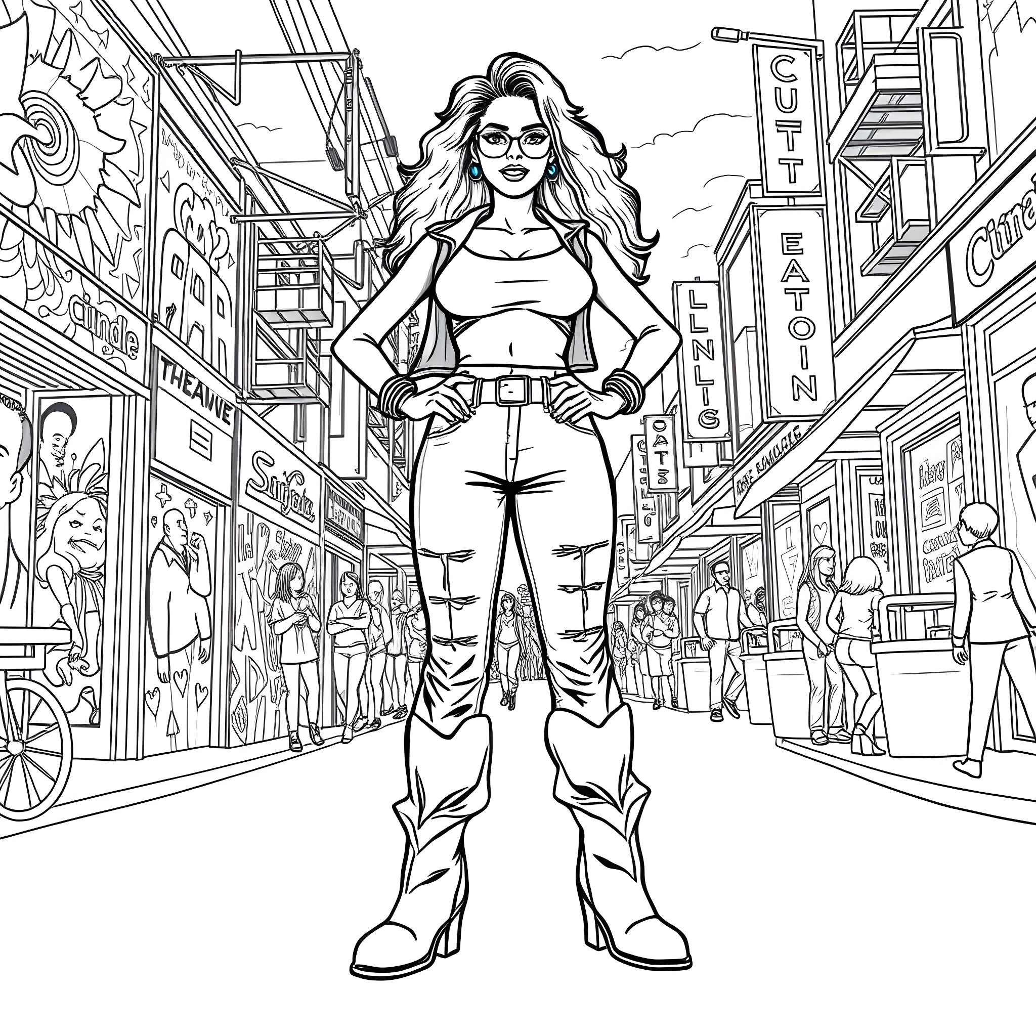 Boots of a confident woman in the city Coloring Page (free black-and-white line drawing printable PDF for all, from beginners to advanced learners, including children, teens, adults, and seniors)