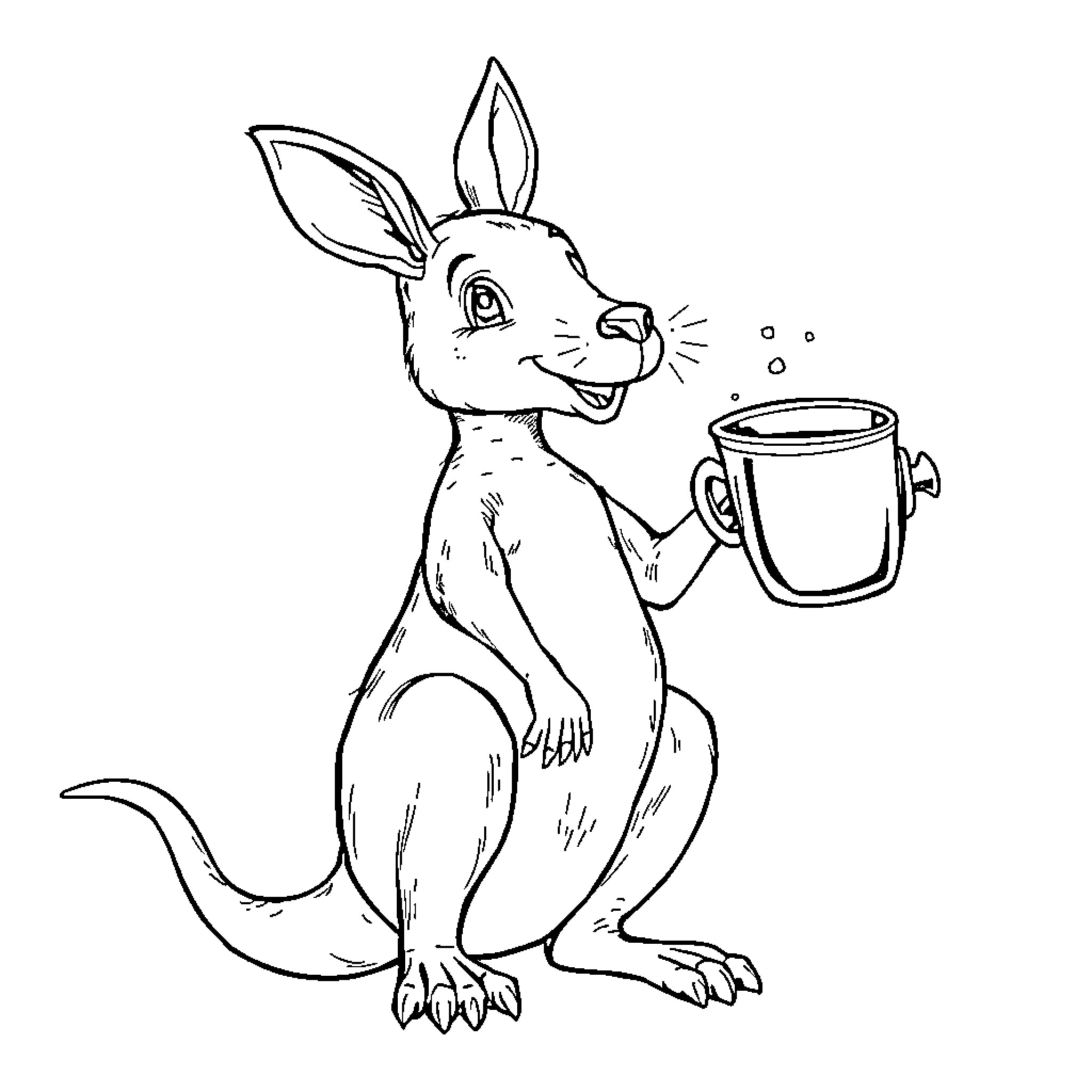 Kangaroo enjoying a warm drink Coloring Page (free black-and-white line drawing printable PDF for all, from beginners to advanced learners, including children, teens, adults, and seniors)