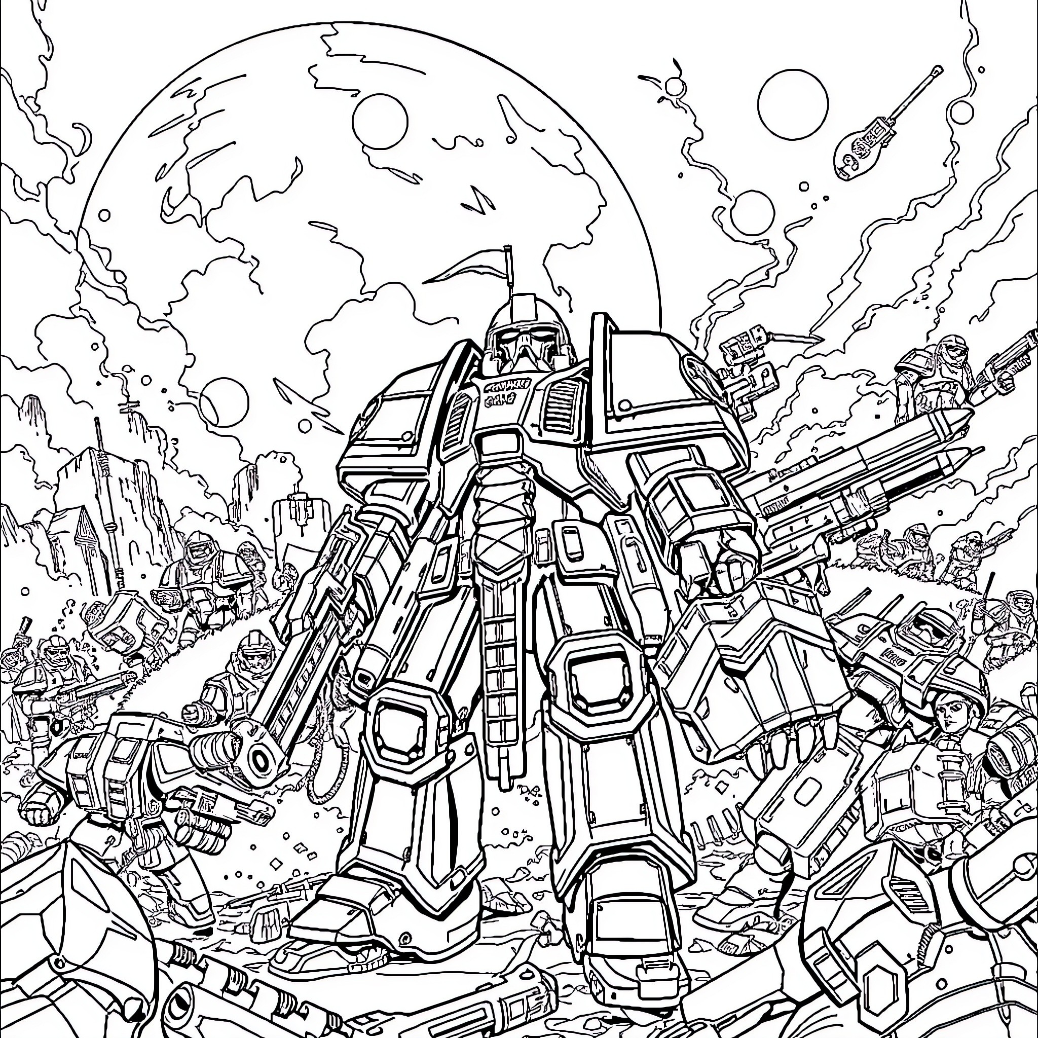 Warhammer 40k Epic Sci-Fi Battle Scene Coloring Page (free black-and-white line drawing printable PDF for all, from beginners to advanced learners, including children, teens, adults, and seniors)