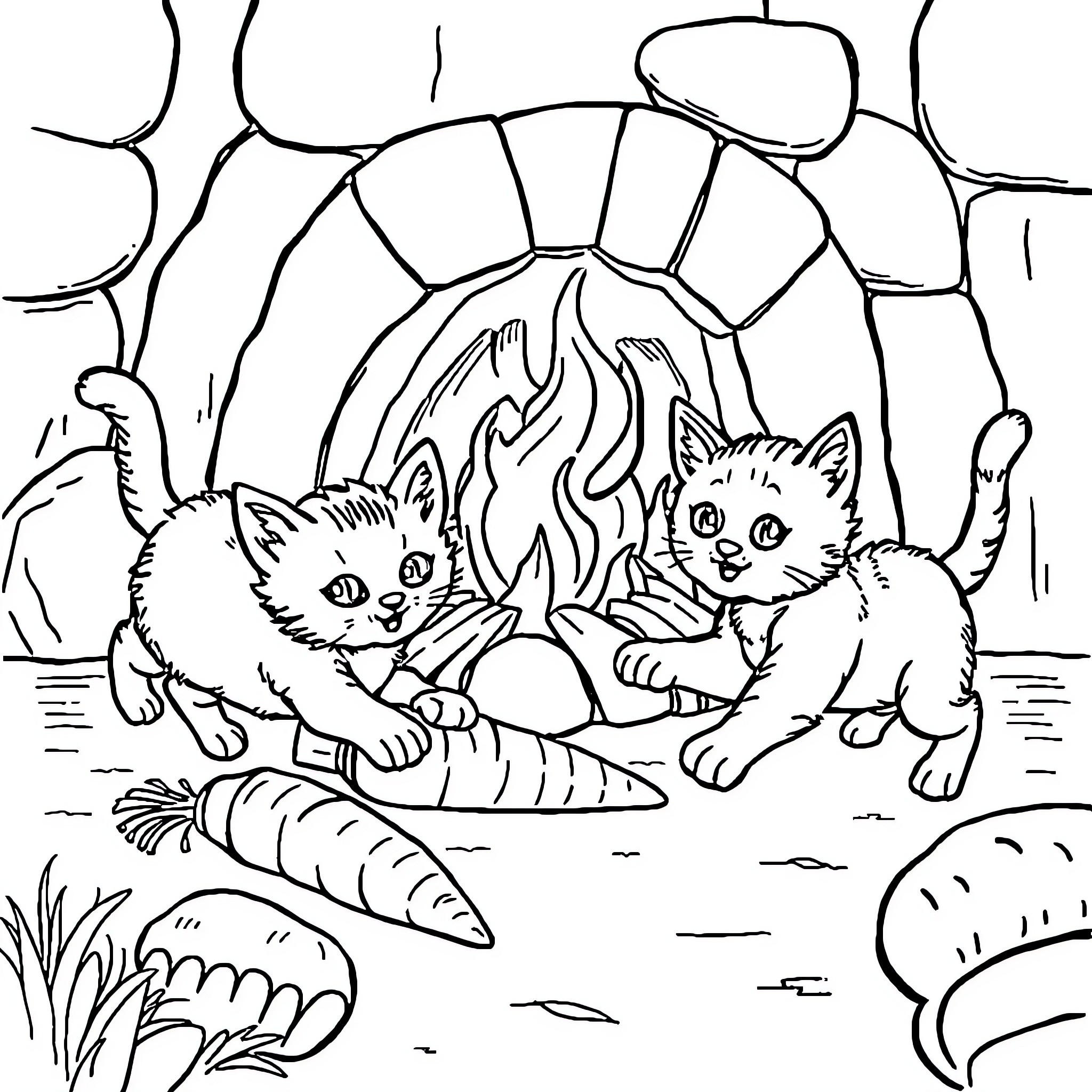 Cat kittens exploring nature outdoors Coloring Page (free black-and-white line drawing printable PDF for all, from beginners to advanced learners, including children, teens, adults, and seniors)