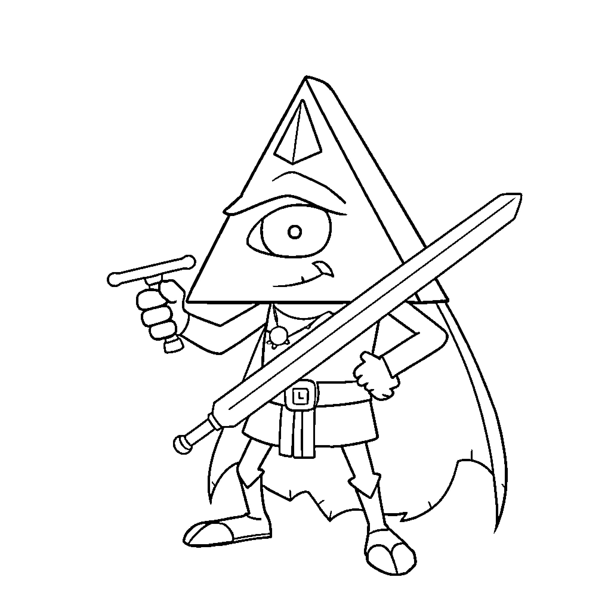 Bill Cipher as a warrior with sword and gun Coloring Page (free black-and-white line drawing printable PDF for all, from beginners to advanced learners, including children, teens, adults, and seniors)