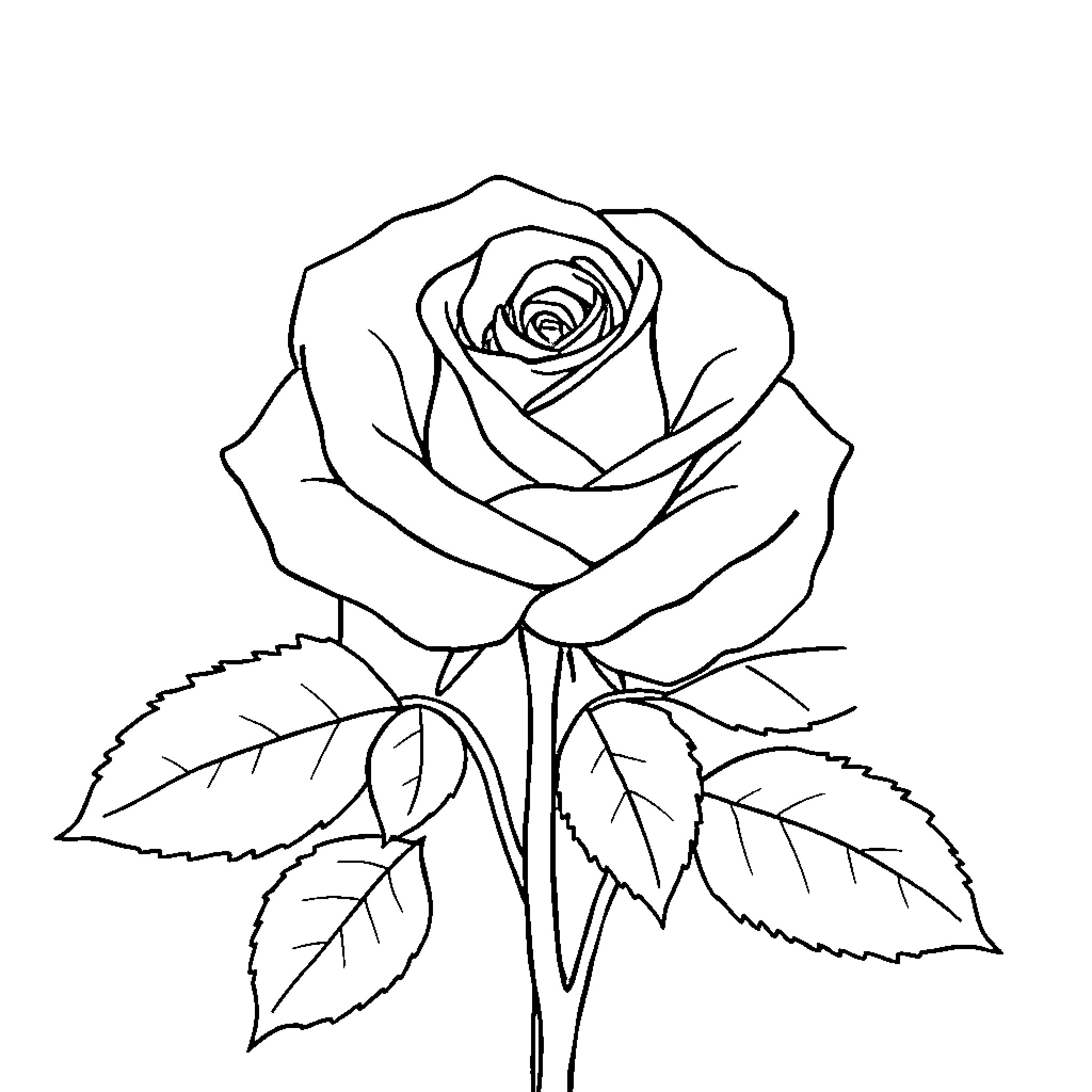 Rose in full bloom with detailed leaves Coloring Page (free black-and-white line drawing printable PDF for all, from beginners to advanced learners, including children, teens, adults, and seniors)