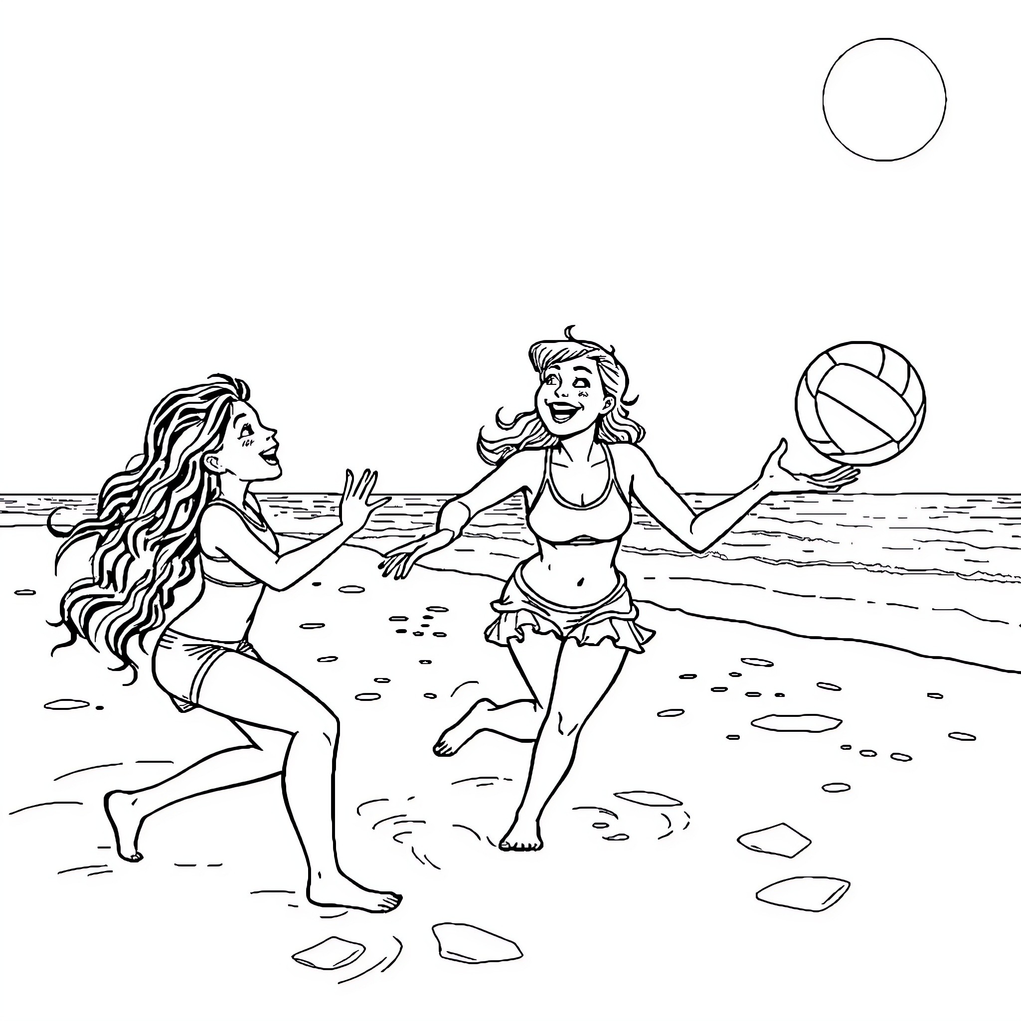 Bingo - Two women playing volleyball on the beach Coloring Page (free black-and-white line drawing printable PDF for all, from beginners to advanced learners, including children, teens, adults, and seniors)