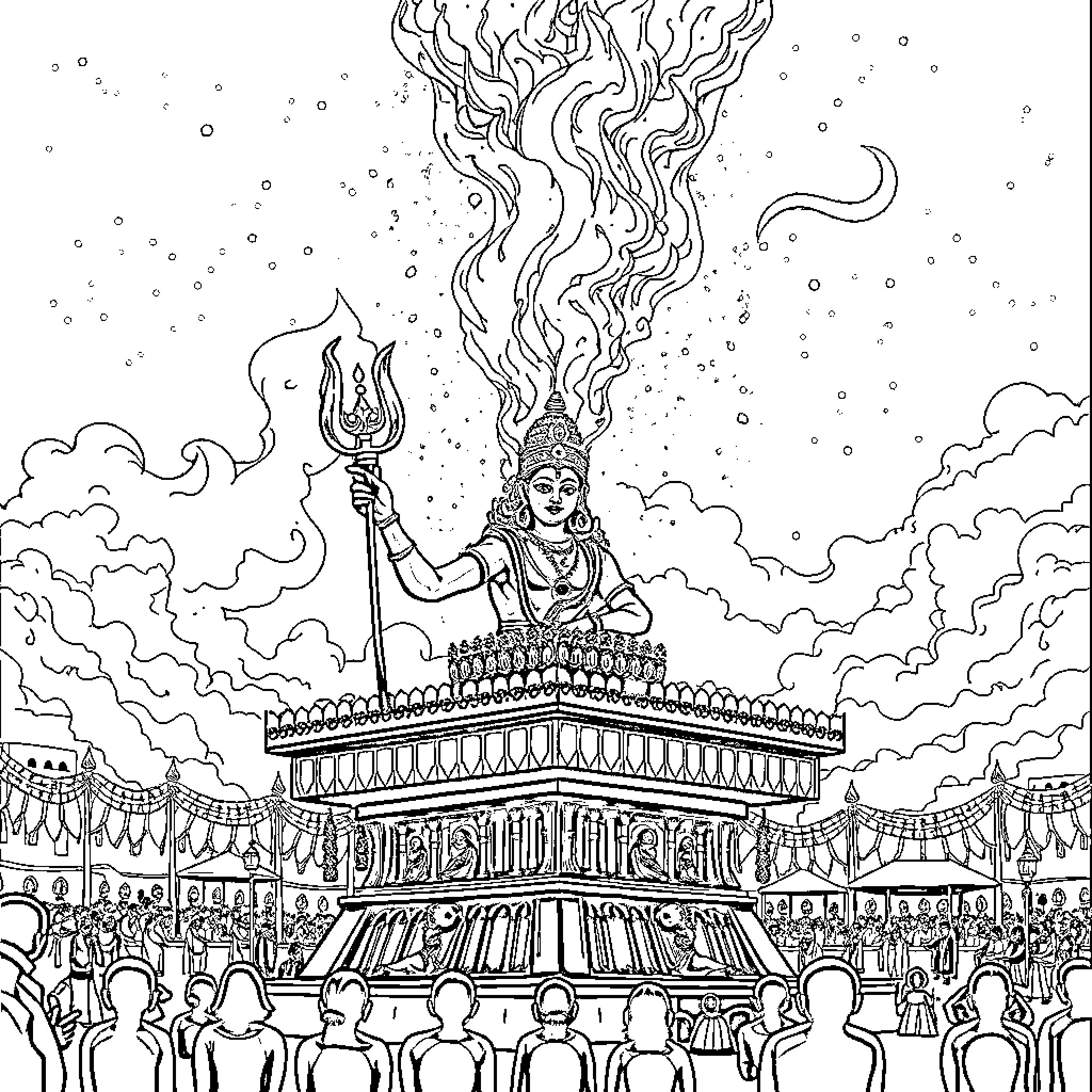 Raavan Unleashes Fiery Wrath in Majestic Procession Coloring Page (free black-and-white line drawing printable PDF for all, from beginners to advanced learners, including children, teens, adults, and seniors)