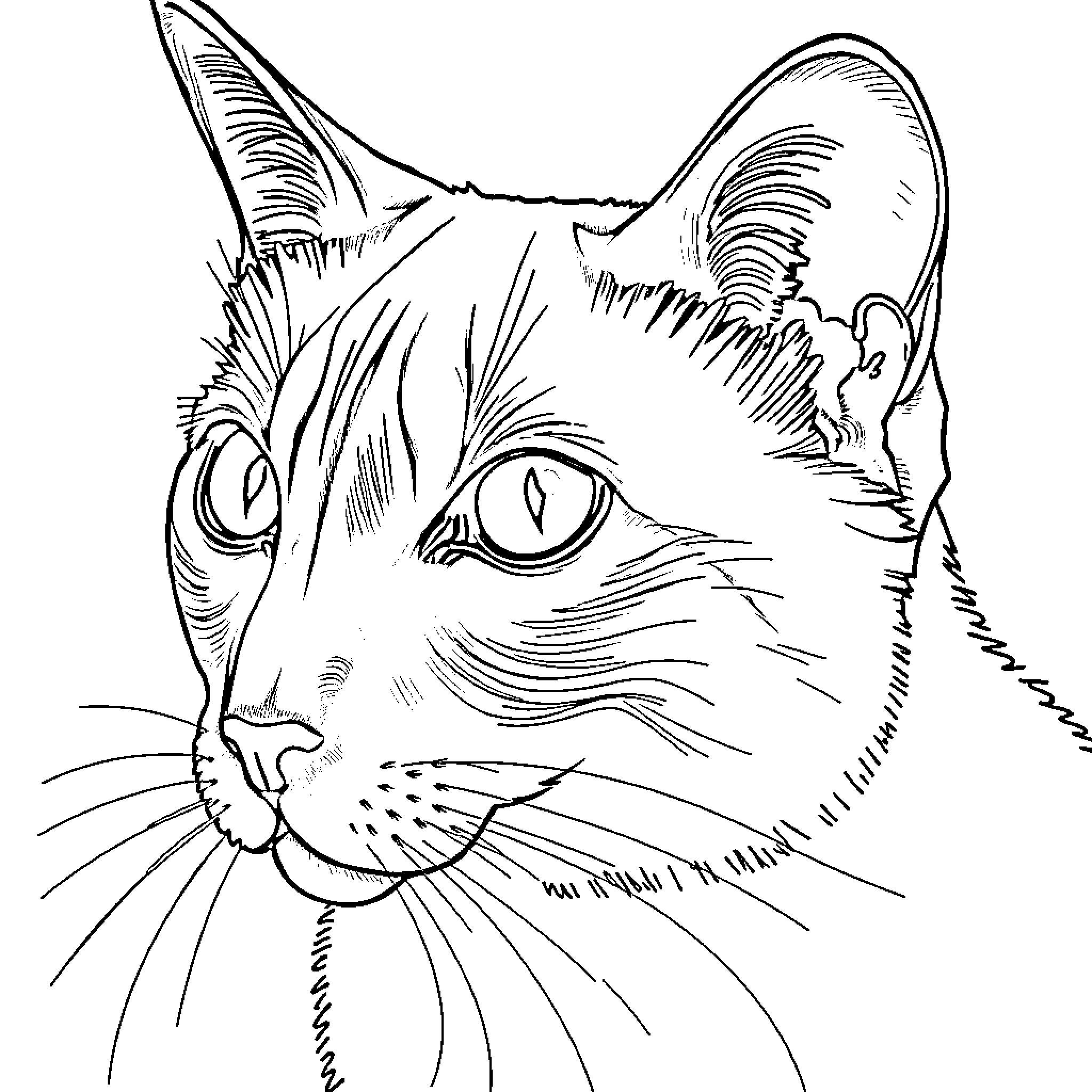 Siamese cat closeup with intense gaze Coloring Page (free black-and-white line drawing printable PDF for all, from beginners to advanced learners, including children, teens, adults, and seniors)