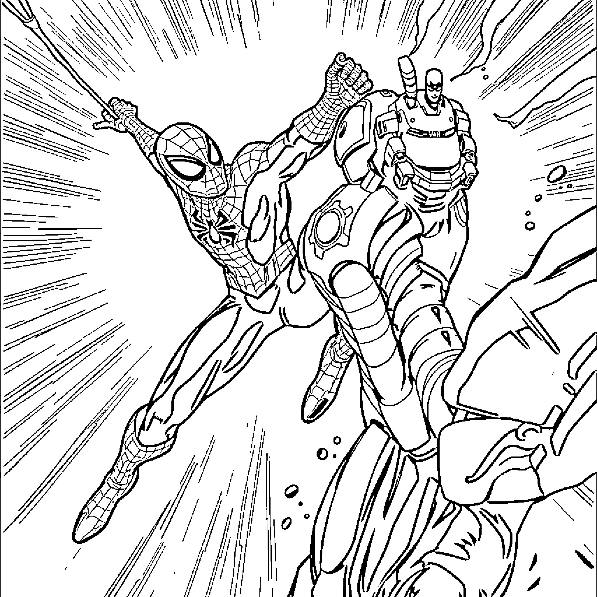 Spider-Man Battles Powerful Foe in Dynamic Clash Coloring Page (free black-and-white line drawing printable PDF for all, from beginners to advanced learners, including children, teens, adults, and seniors)
