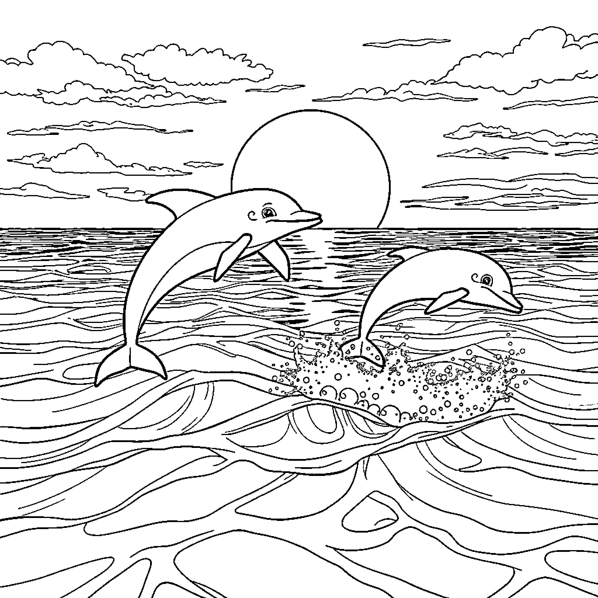 Dolphin duo swimming in the ocean at sunset Coloring Page (free black-and-white line drawing printable PDF for all, from beginners to advanced learners, including children, teens, adults, and seniors)