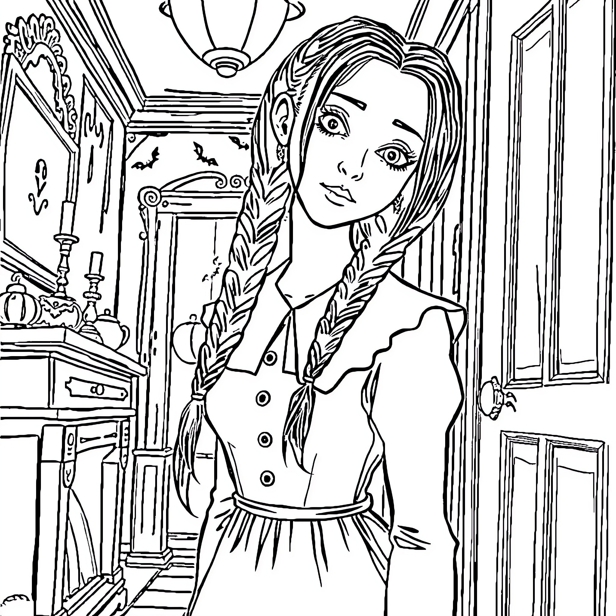Mercredi - Young woman with braids in Victorian-style interior Coloring Page (free black-and-white line drawing printable PDF for all, from beginners to advanced learners, including children, teens, adults, and seniors)