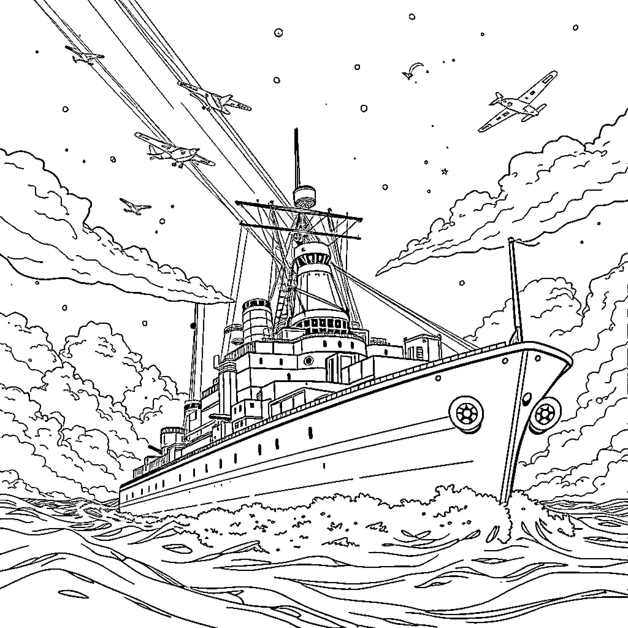 Warship sailing through stormy seas with aircraft Coloring Page (free black-and-white line drawing printable PDF for all, from beginners to advanced learners, including children, teens, adults, and seniors)