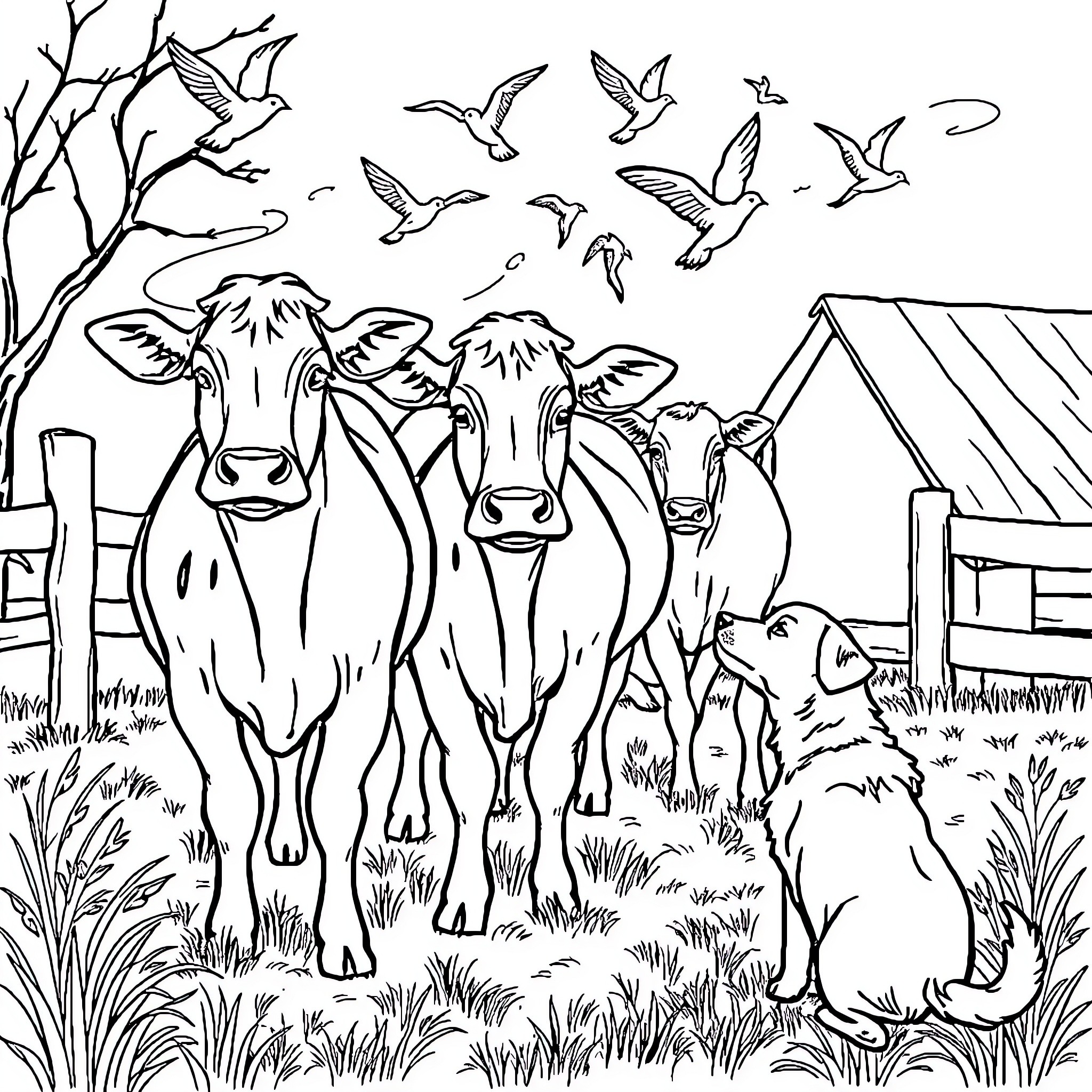 Vache: Cows grazing peacefully on a farm with birds Coloring Page (free black-and-white line drawing printable PDF for all, from beginners to advanced learners, including children, teens, adults, and seniors)