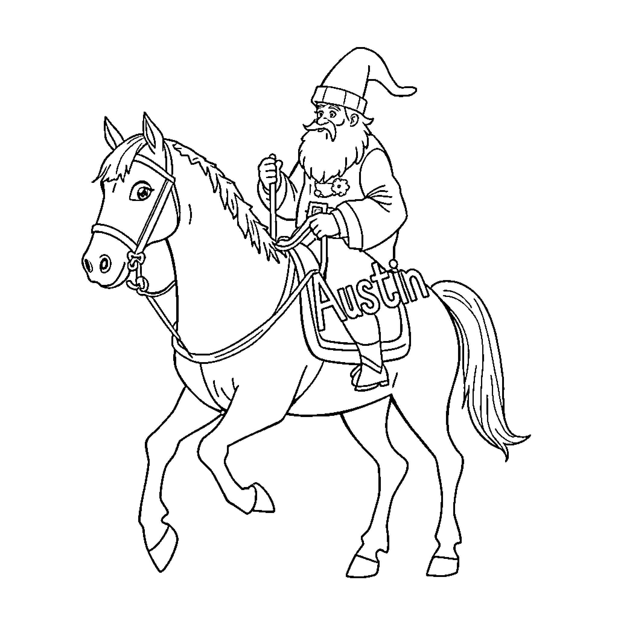 Sinterklaas riding a horse with a staff Coloring Page (free black-and-white line drawing printable PDF for all, from beginners to advanced learners, including children, teens, adults, and seniors)