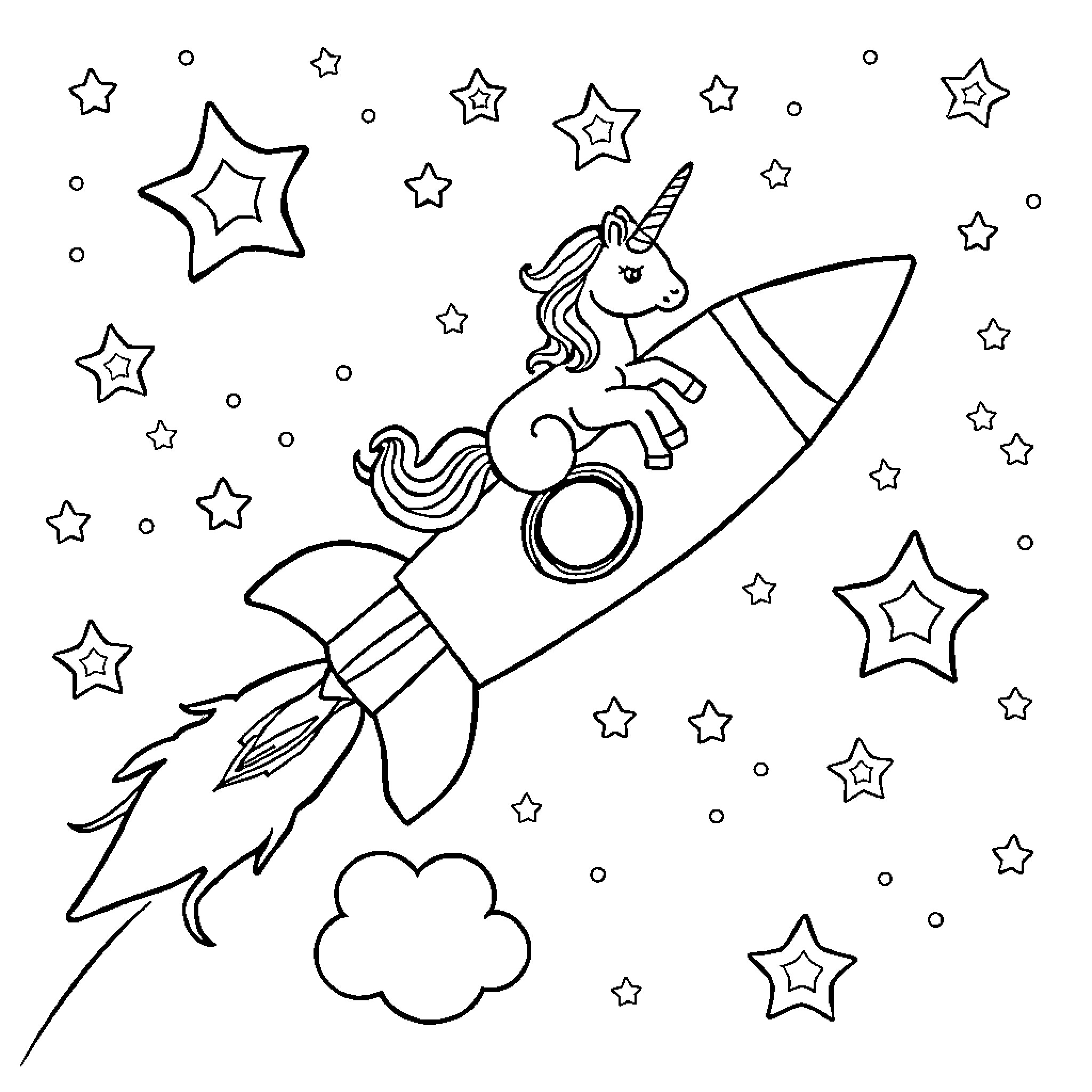 Rocket ride with a unicorn and stars Coloring Page (free black-and-white line drawing printable PDF for all, from beginners to advanced learners, including children, teens, adults, and seniors)