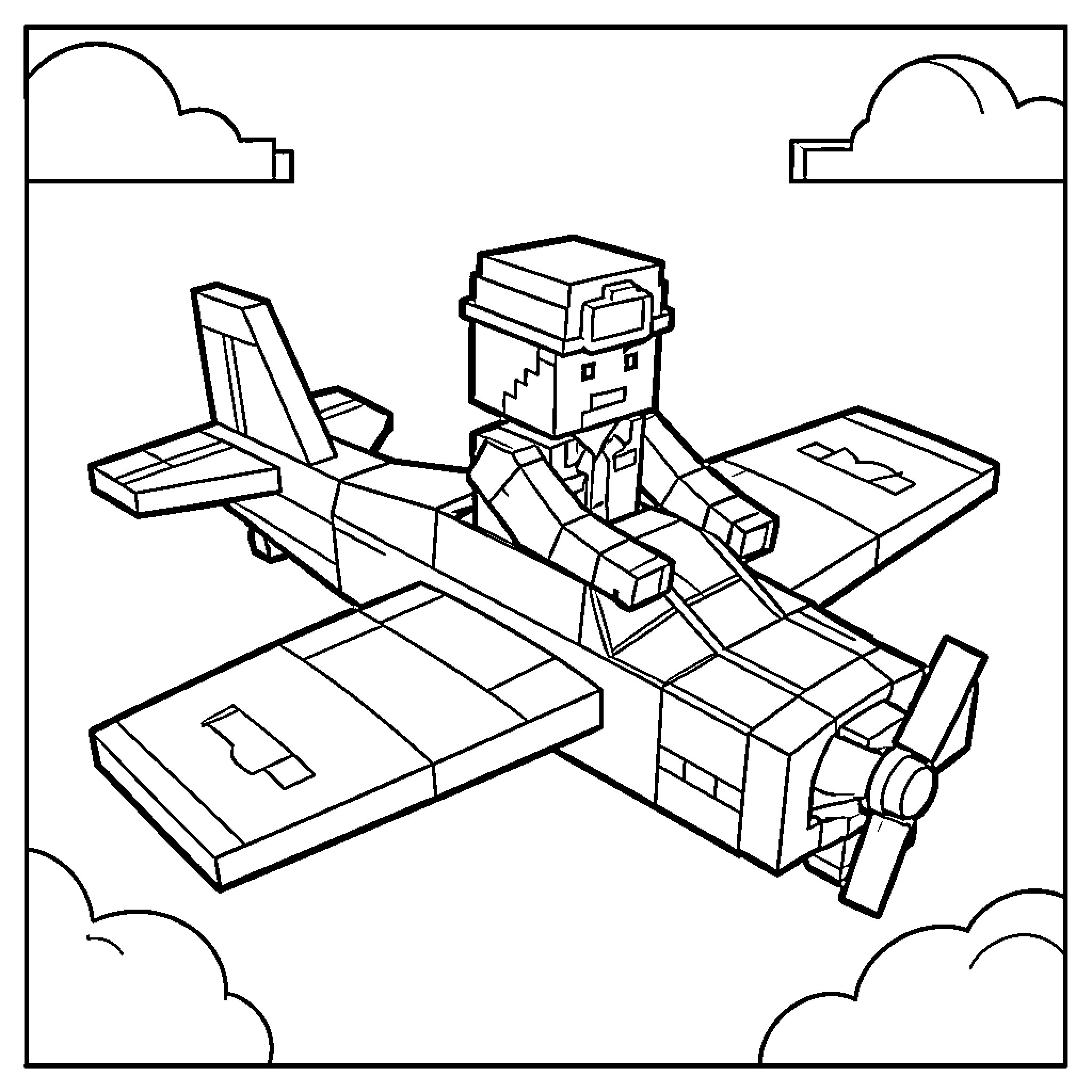Airplane Pilot flying a blocky plane through the clouds Coloring Page (free black-and-white line drawing printable PDF for all, from beginners to advanced learners, including children, teens, adults, and seniors)