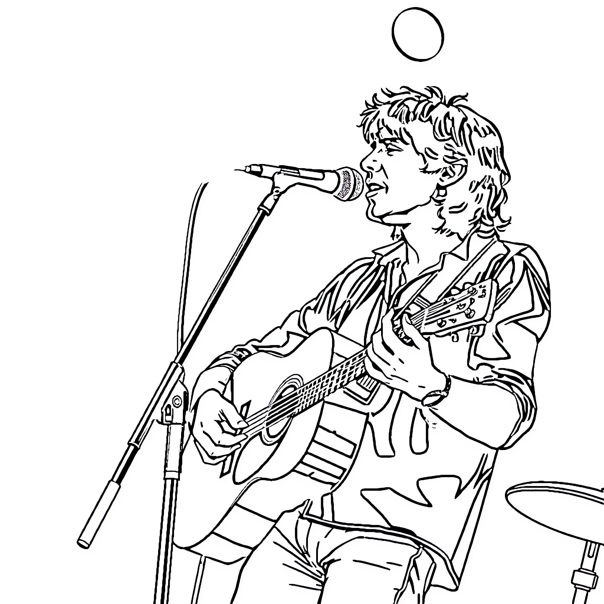 Jeff Buckley performing on stage with guitar and microphone Coloring Page (free black-and-white line drawing printable PDF for all, from beginners to advanced learners, including children, teens, adults, and seniors)