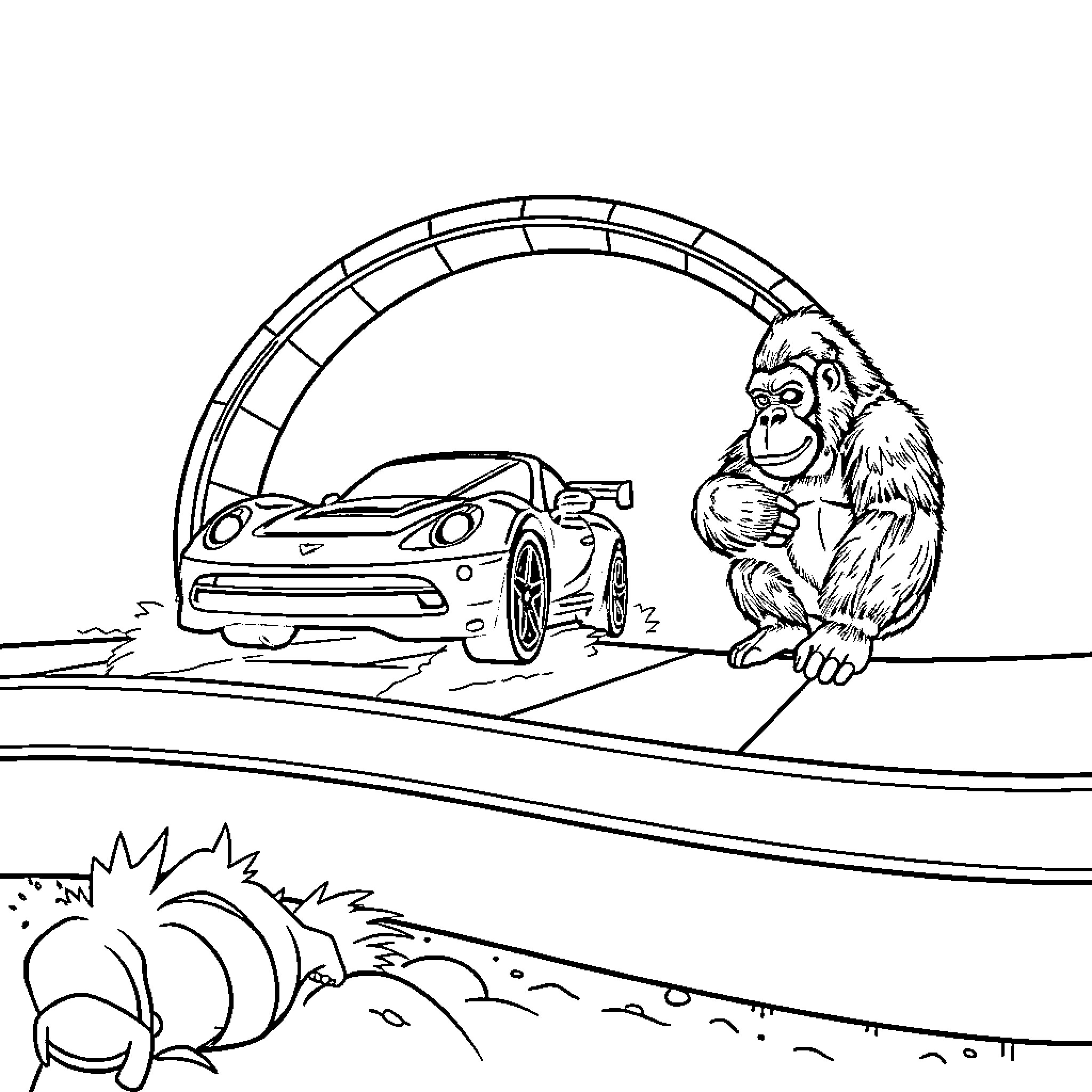 Hot Wheels Monkey Racing Adventure Coloring Page (free black-and-white line drawing printable PDF for all, from beginners to advanced learners, including children, teens, adults, and seniors)