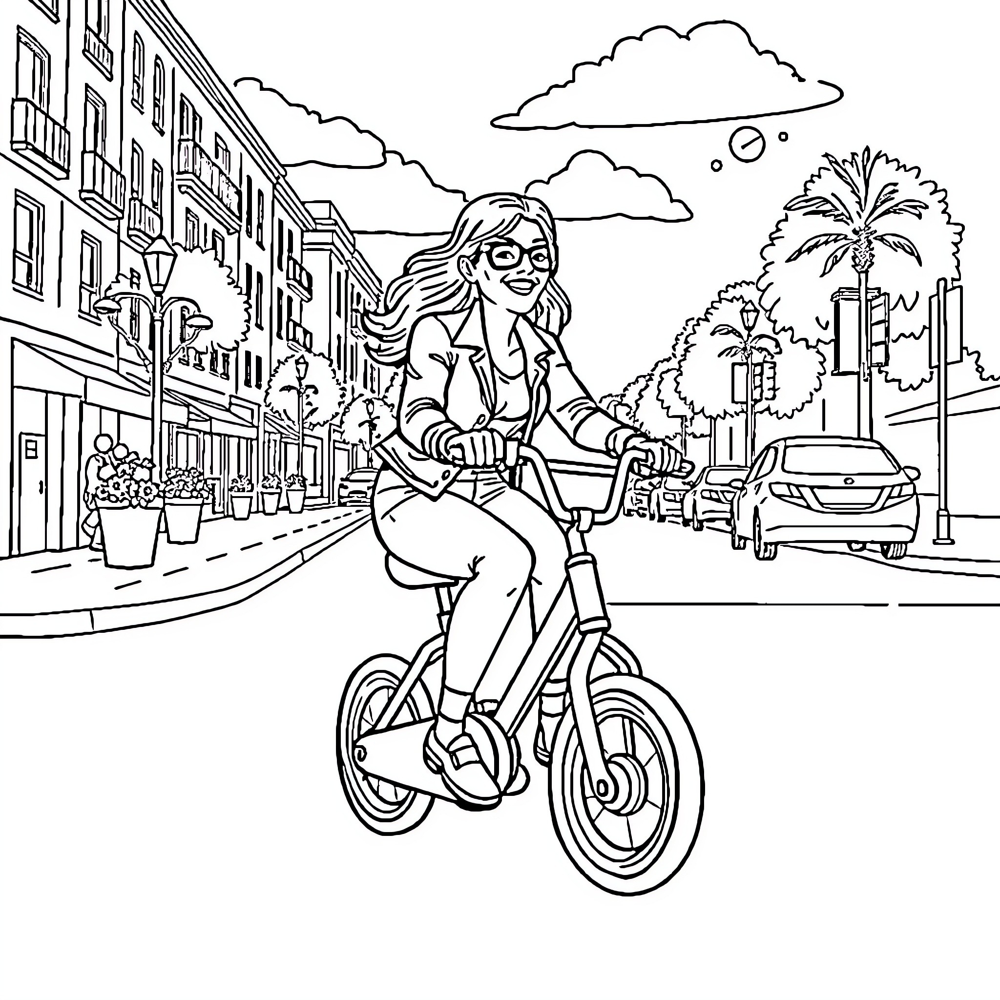 Valerie Plante riding a bicycle in the city Coloring Page (free black-and-white line drawing printable PDF for all, from beginners to advanced learners, including children, teens, adults, and seniors)