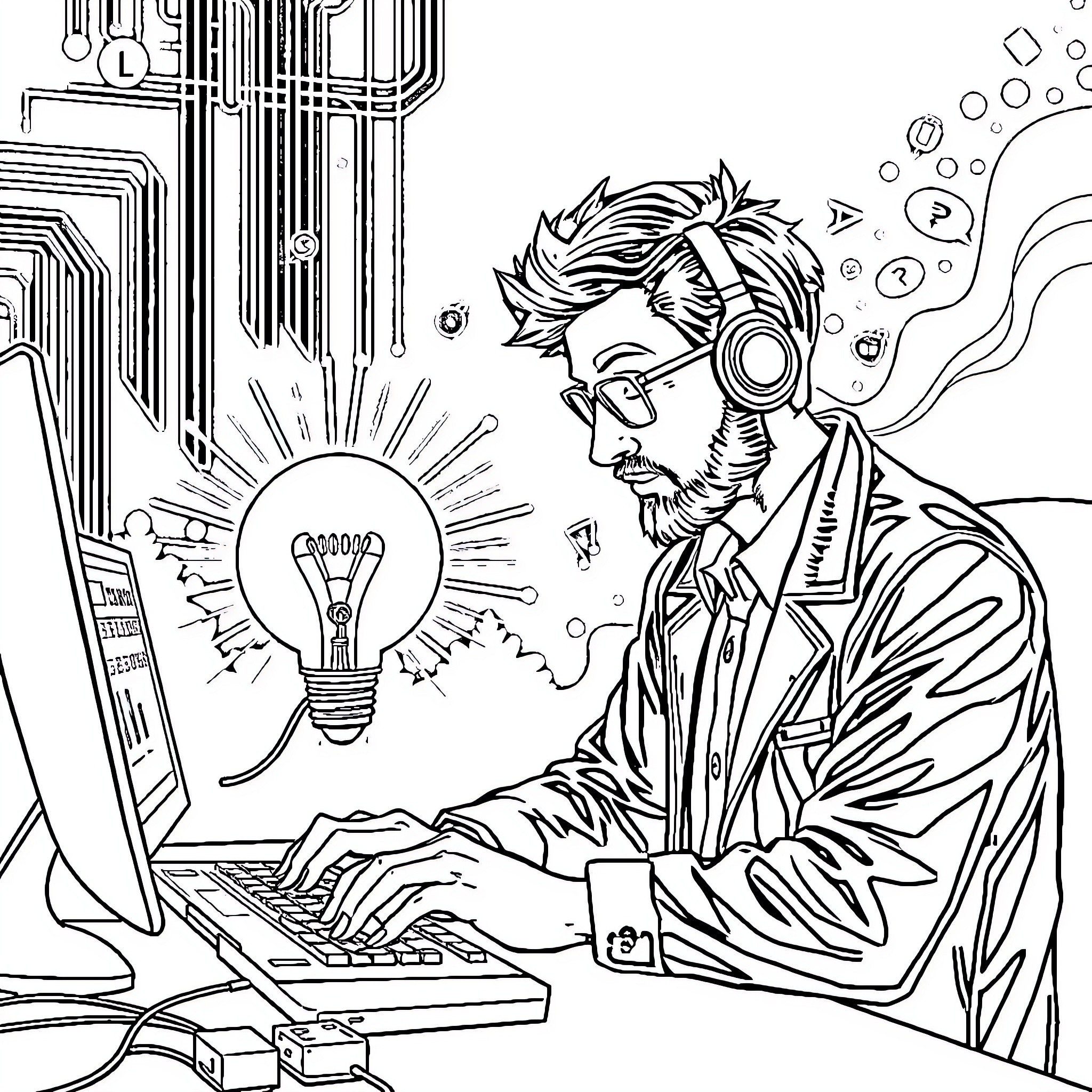 Informaticien Working Diligently on Computer with Inspiration Coloring Page (free black-and-white line drawing printable PDF for all, from beginners to advanced learners, including children, teens, adults, and seniors)